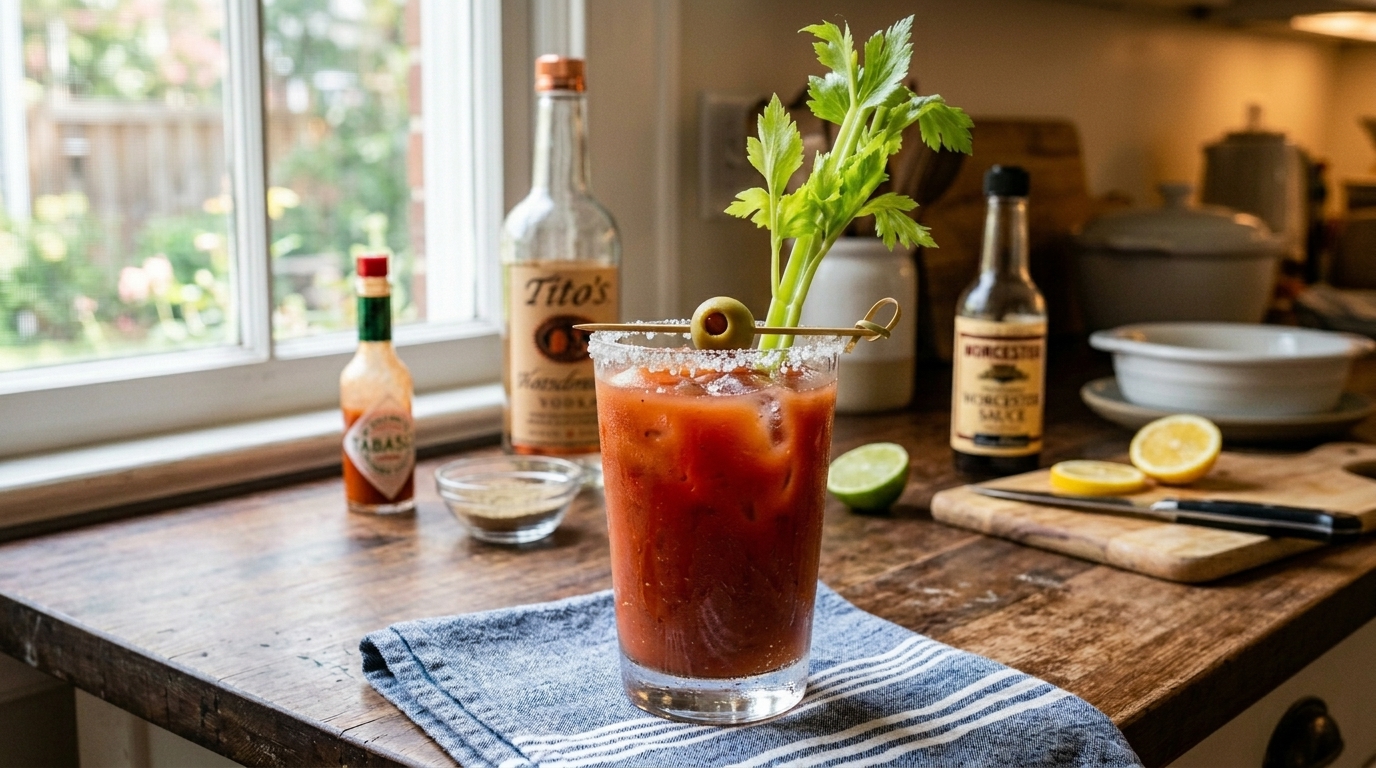 Bloody Mary i cocktailglas med is och garnering