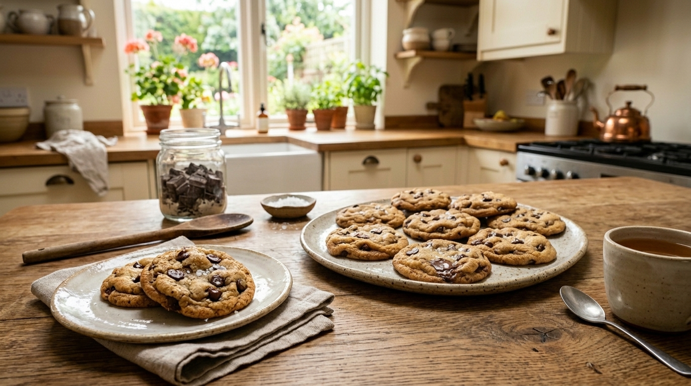 Chocolate chip cookies nygrädda med smält choklad