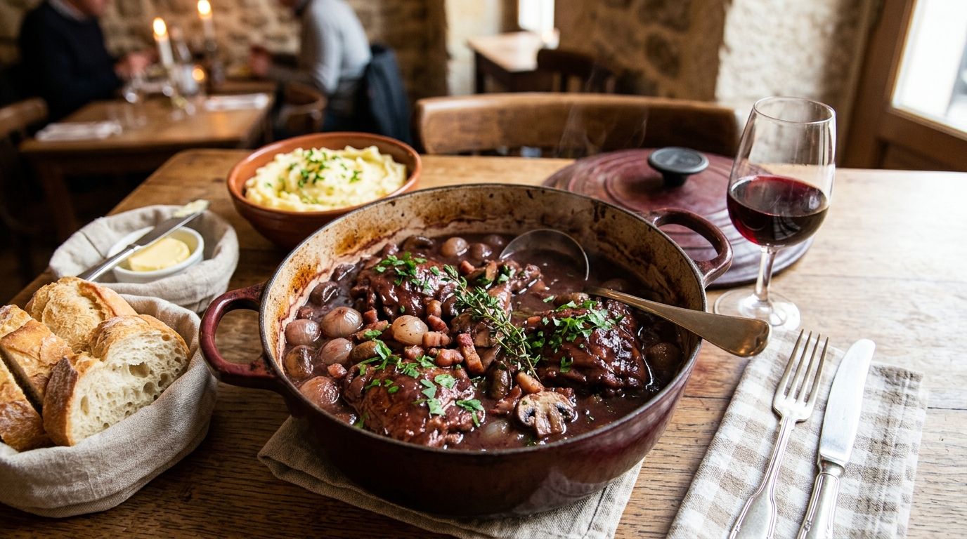 Coq au vin med kyckling, svamp och mörk vinsås