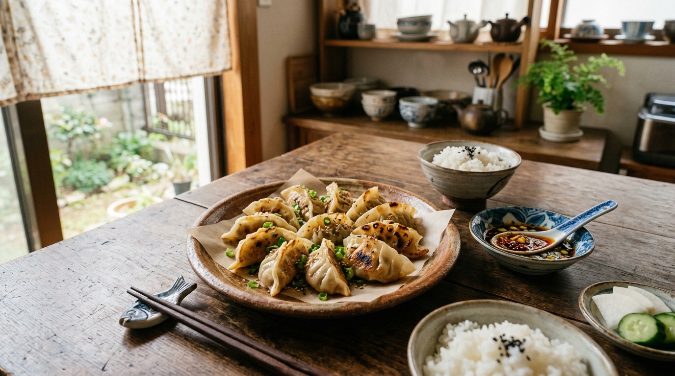 Gyoza upplagd på tallrik