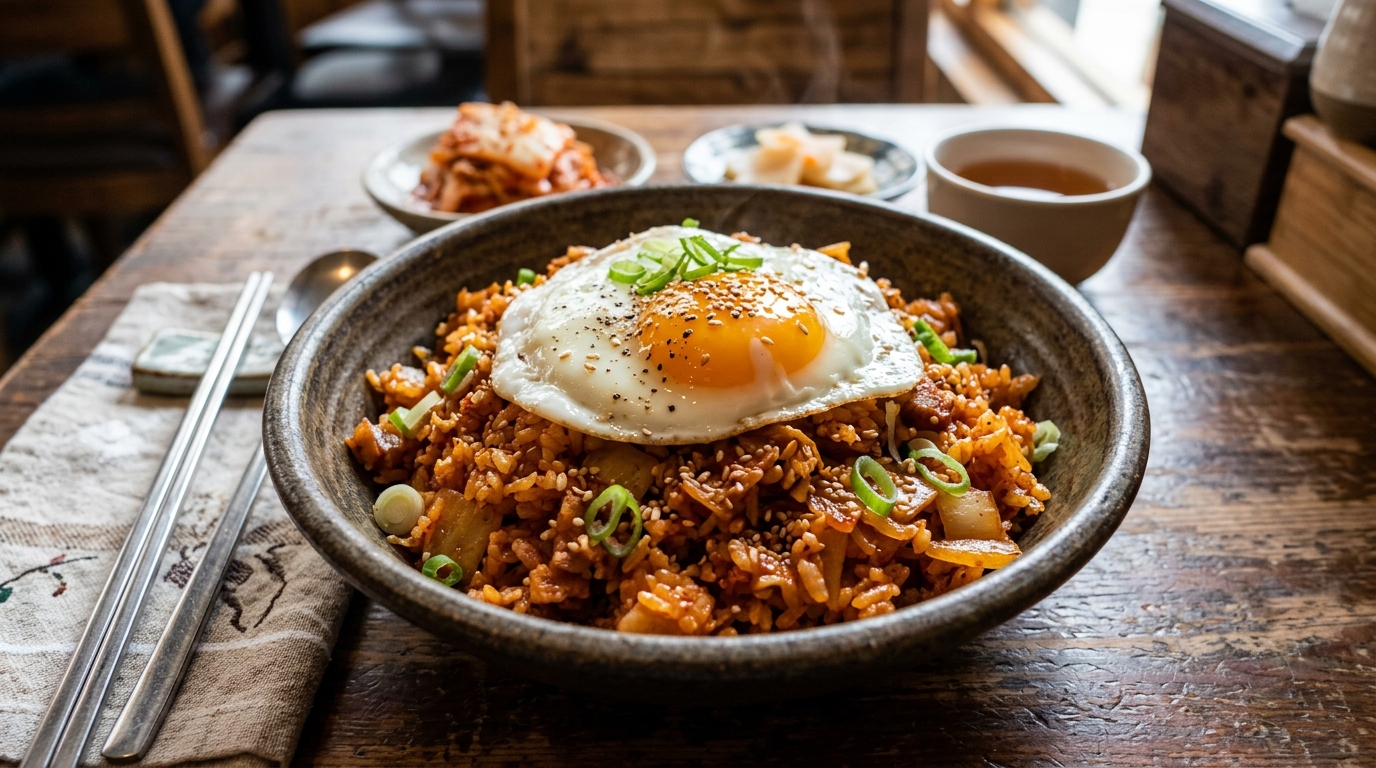 Kimchi fried rice med ägg upplagt för servering