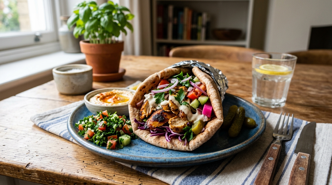 Kycklingsshawarma i pitabröd med kryddig yoghurtsås