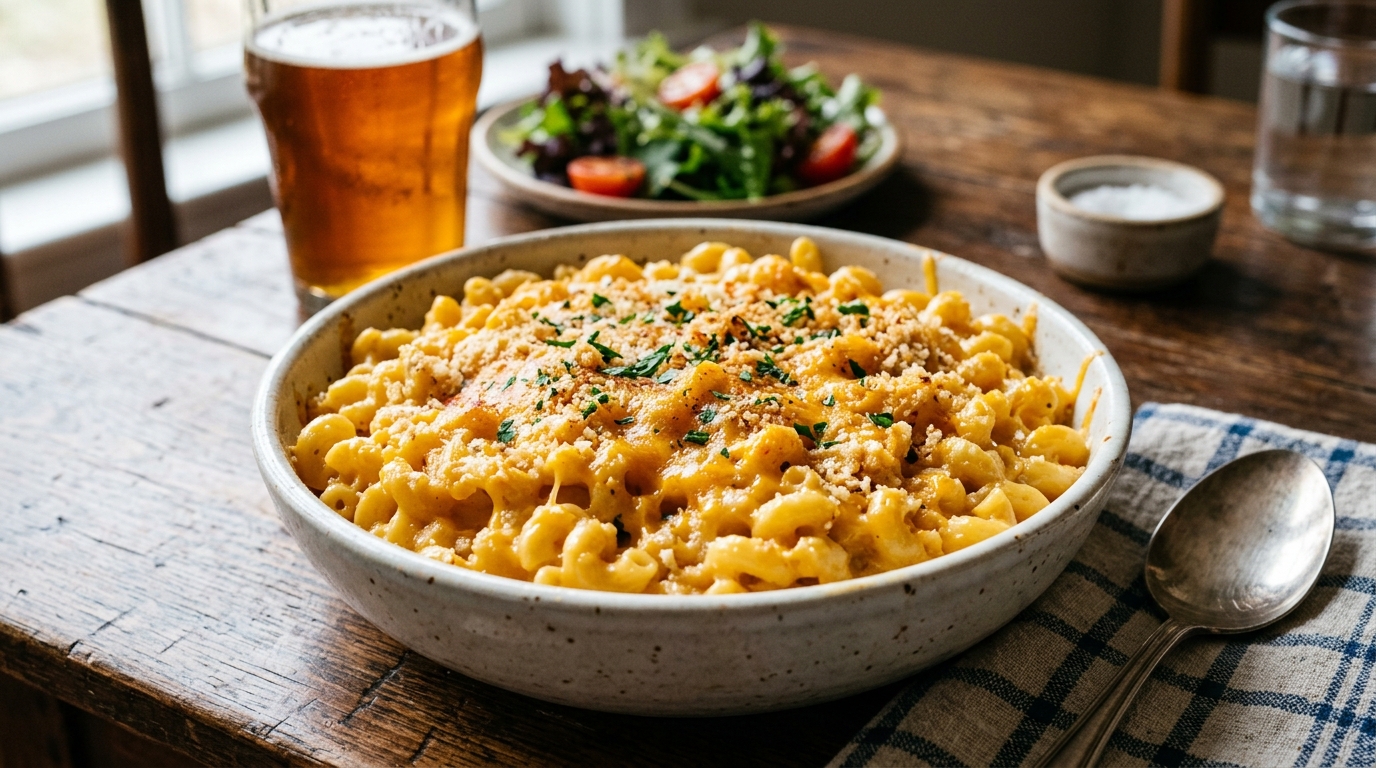 Krämig Mac and cheese med gyllene pankotopping