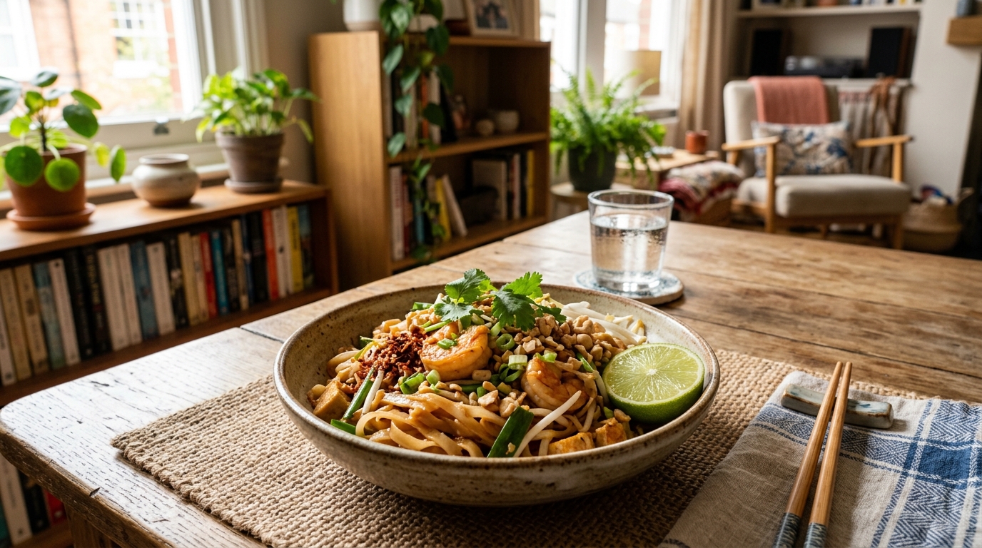 Klassisk Pad Thai med räkor, lime och jordnötter