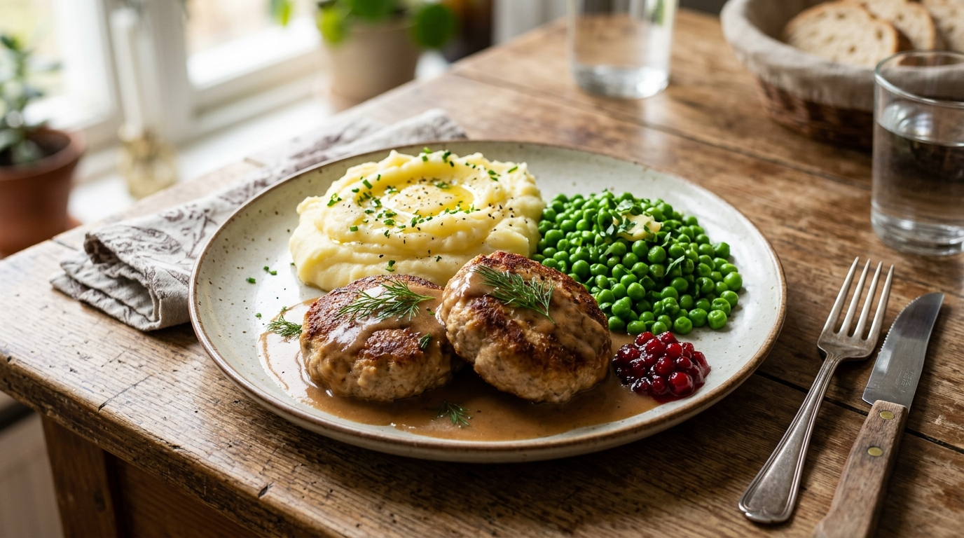 Wallenbergare serverade med potatismos, lingon och ärtor