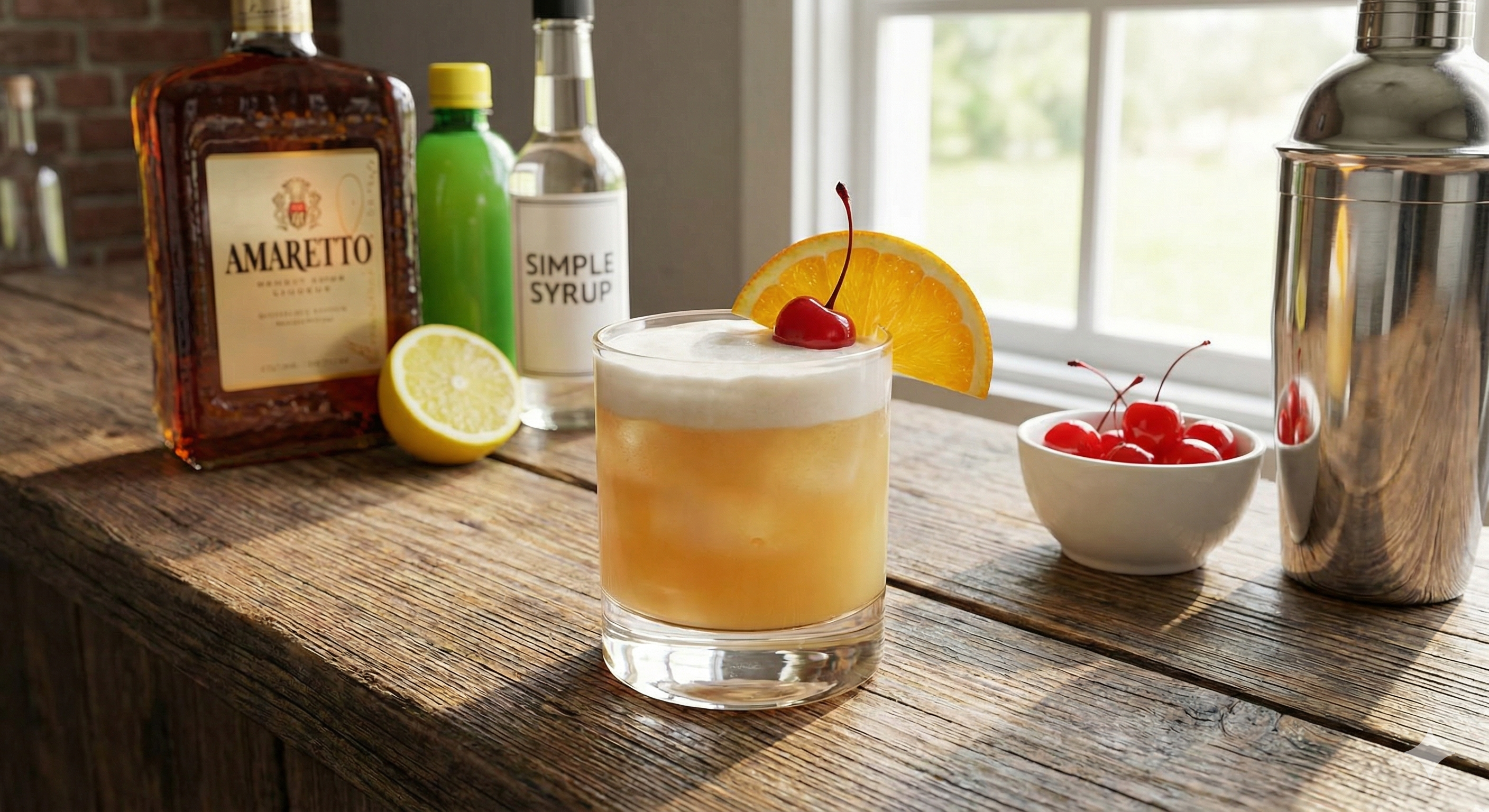 Amaretto Sour i cocktailglas med is och garnering