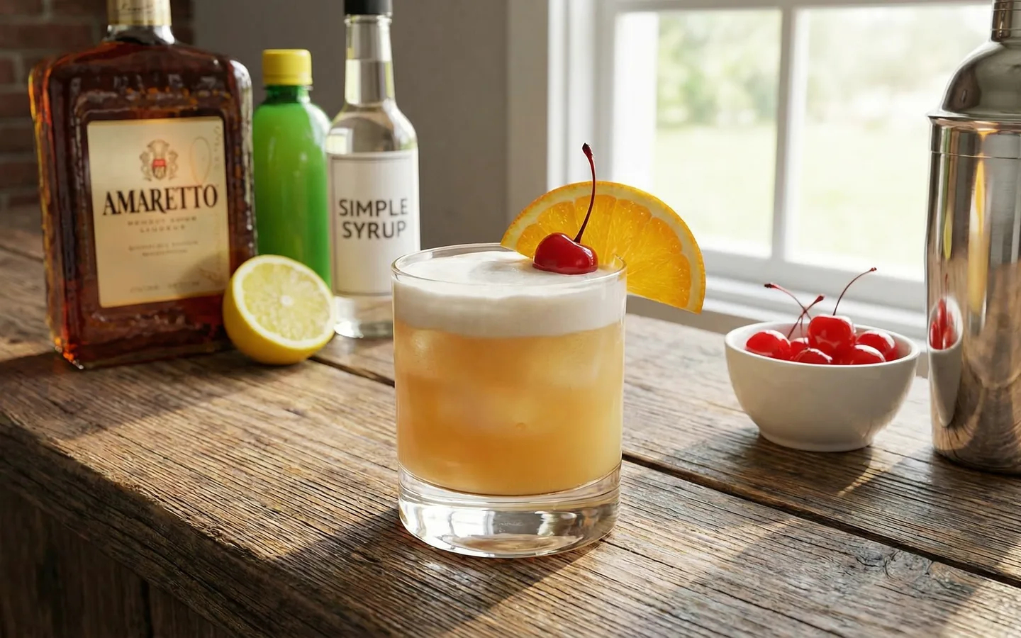 Amaretto Sour i cocktailglas med is och garnering