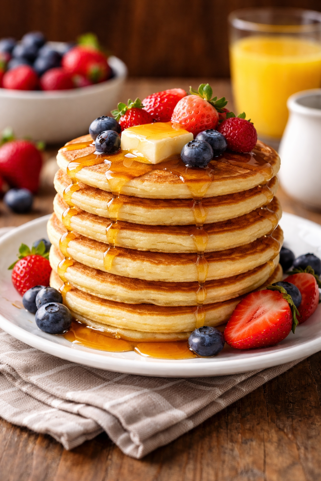 Tjocka amerikanska pannkakor med lönnsirap