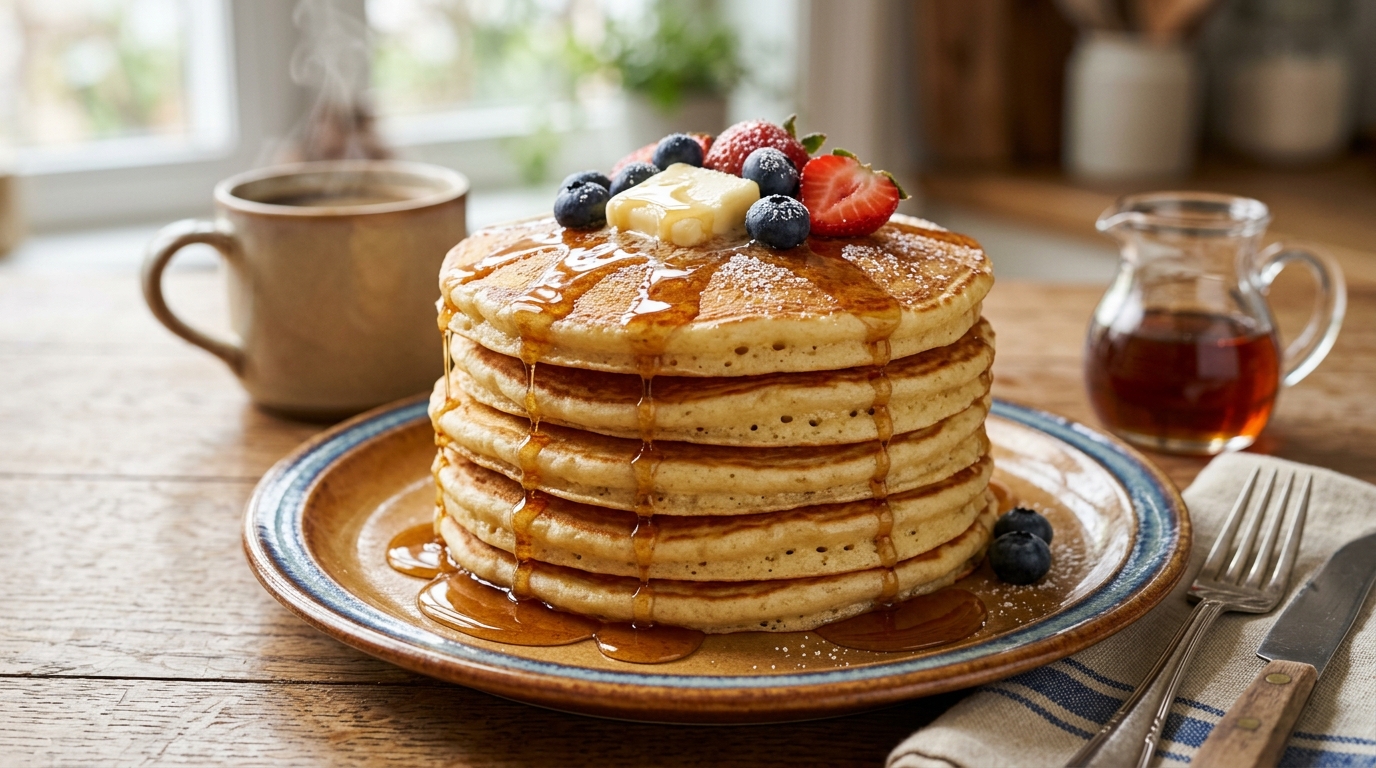 Tjocka amerikanska pannkakor med lönnsirap