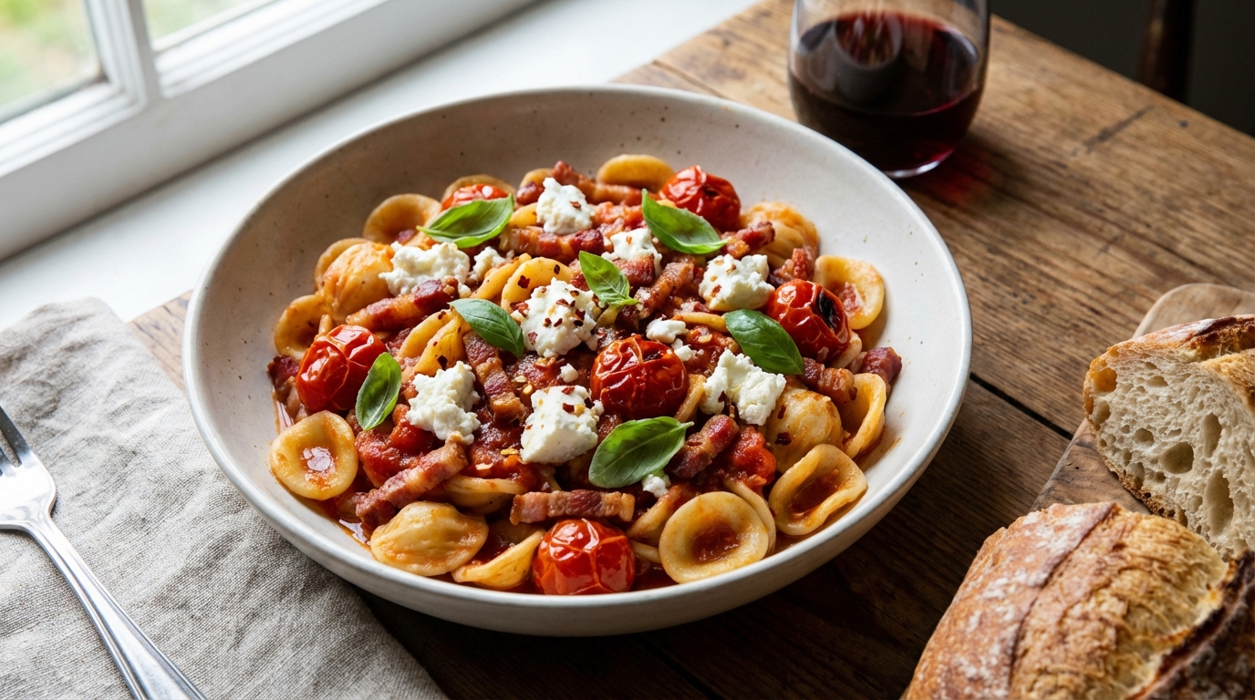 Baconpasta med tomat och smulad fetaost upplagt för servering