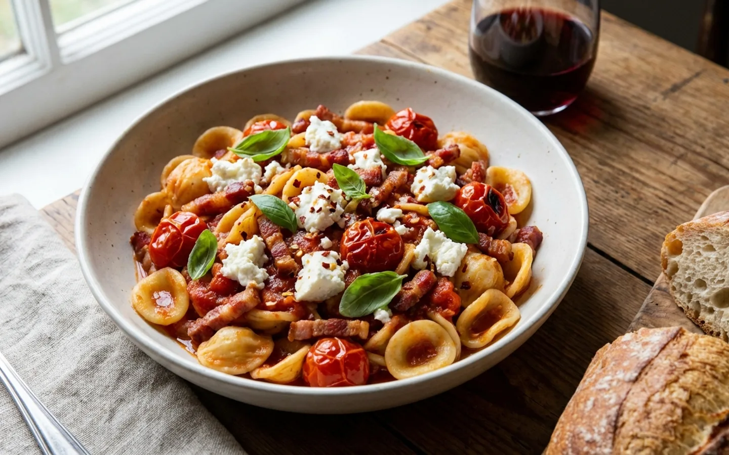 Baconpasta med tomat och smulad fetaost upplagt för servering