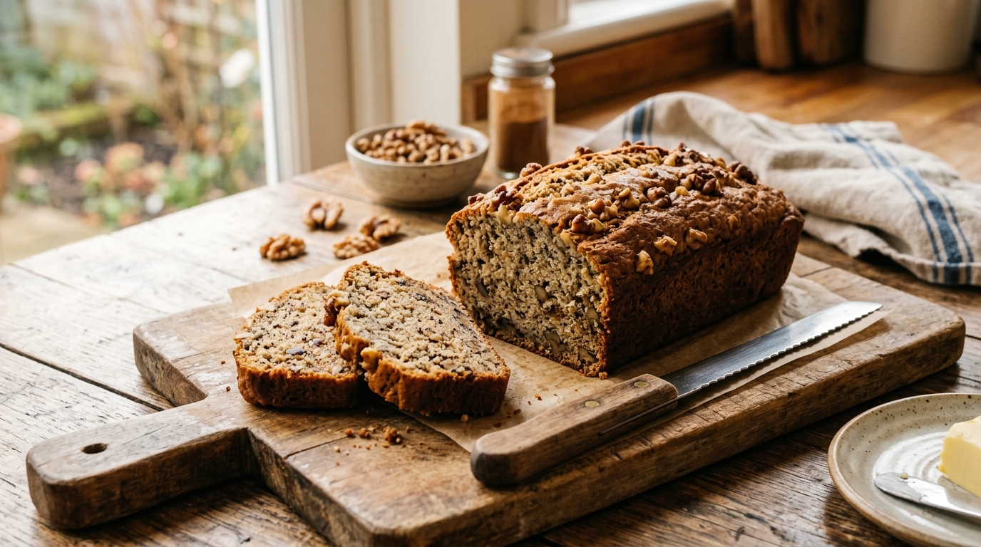 Banana bread i skivor på träbräda