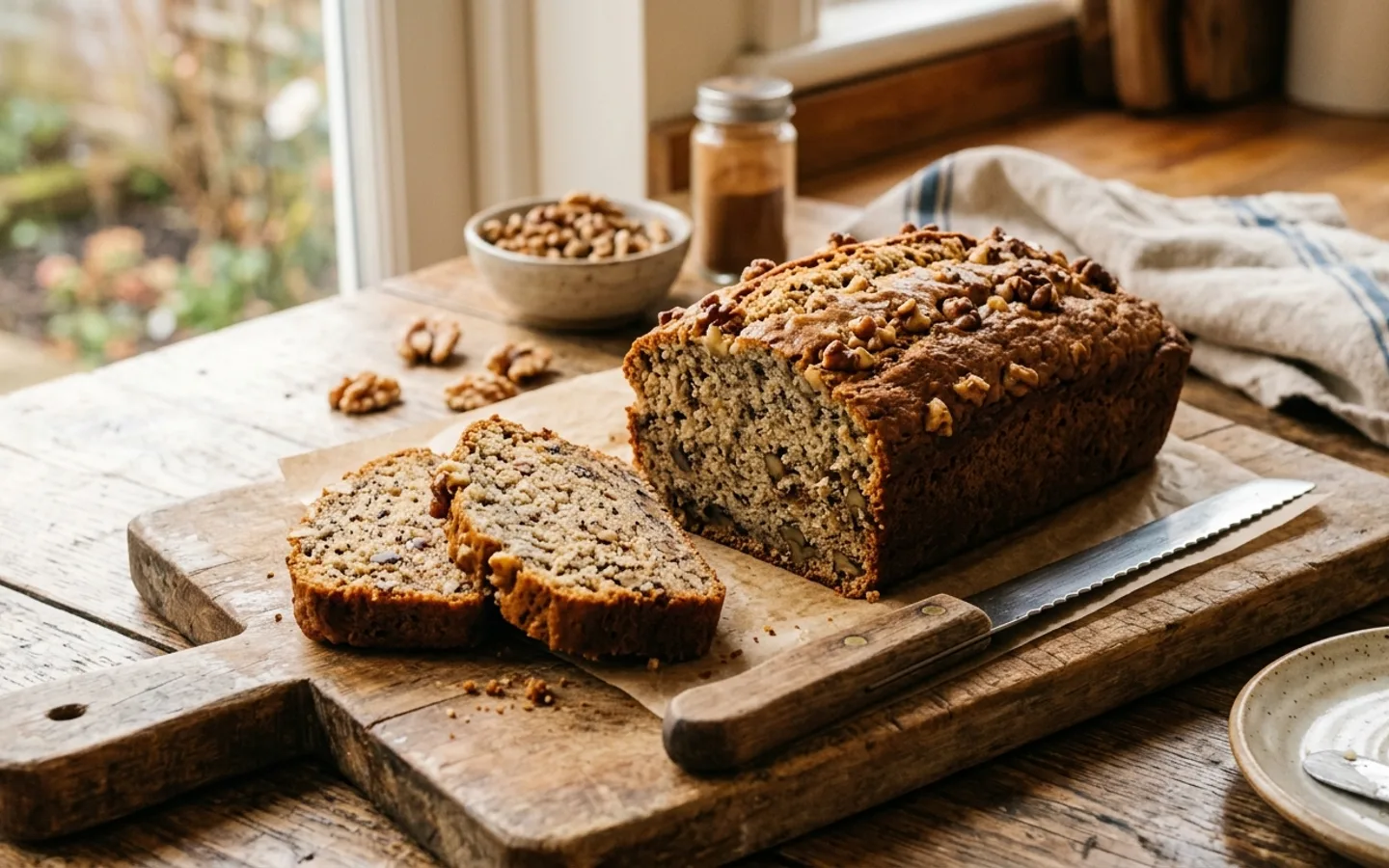 Banana bread i skivor på träbräda