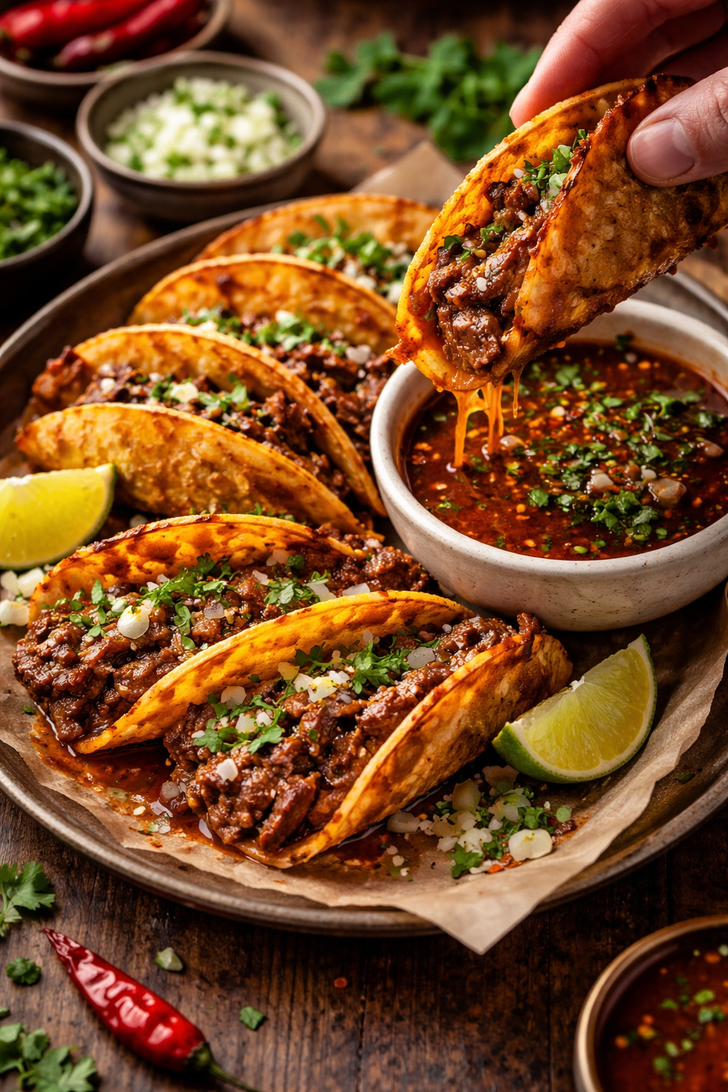 Krispiga birria tacos med strimmat kött och consommé
