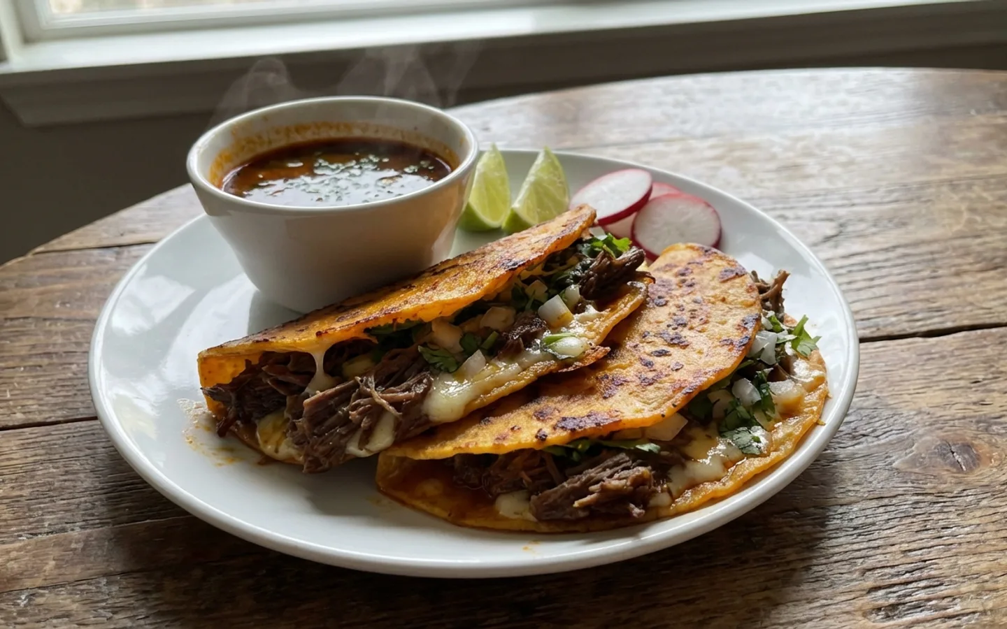Krispiga birria tacos med strimmat kött och consommé