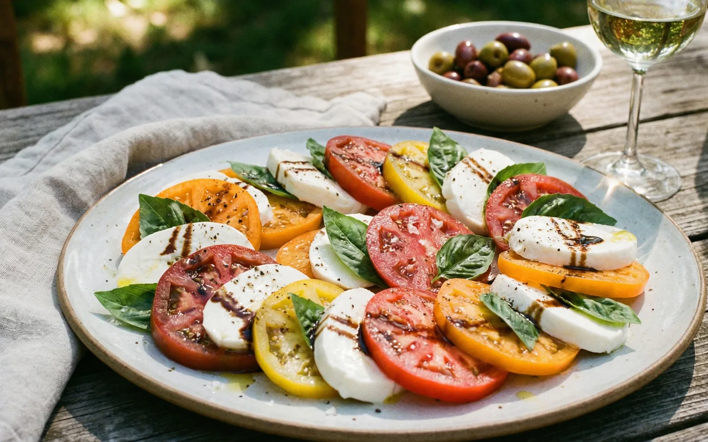 Fräsch Caprese sallad med tomat, mozzarella och basilika
