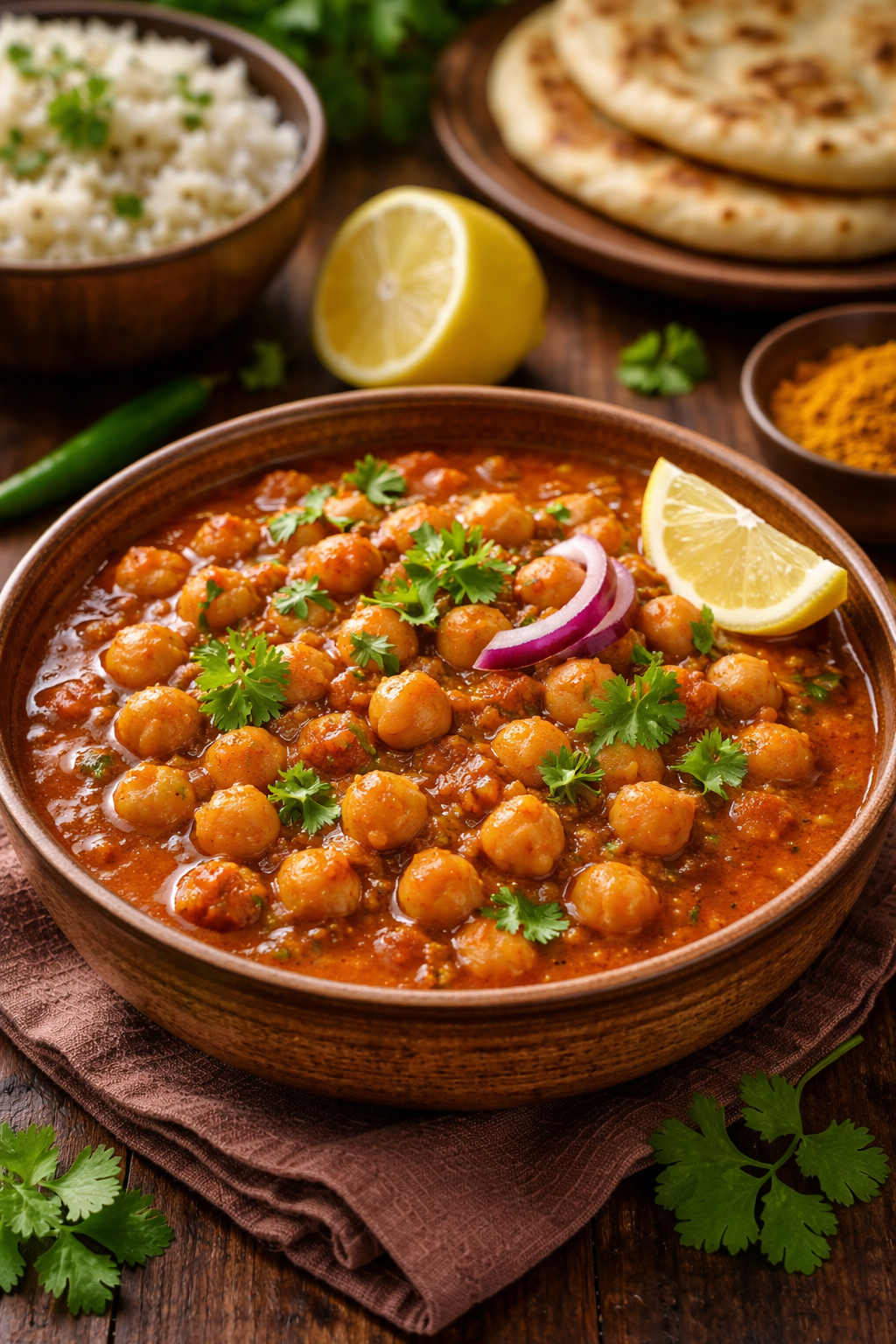 Chana masala med koriander på toppen