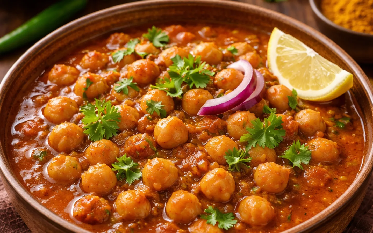 Chana masala med koriander på toppen