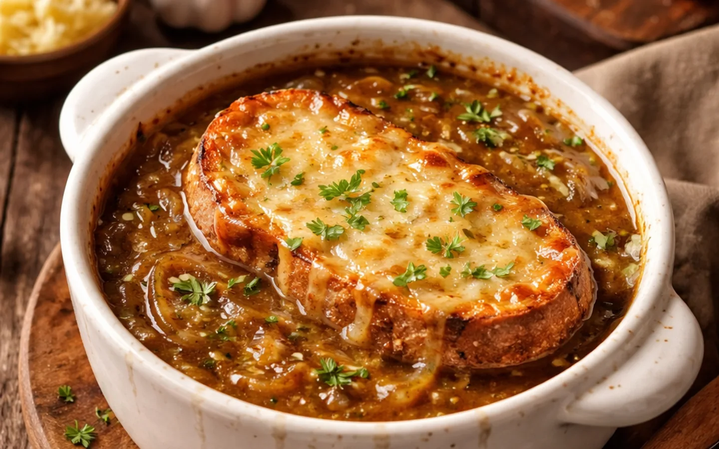 Fransk löksoppa med gratinerad ostbröd