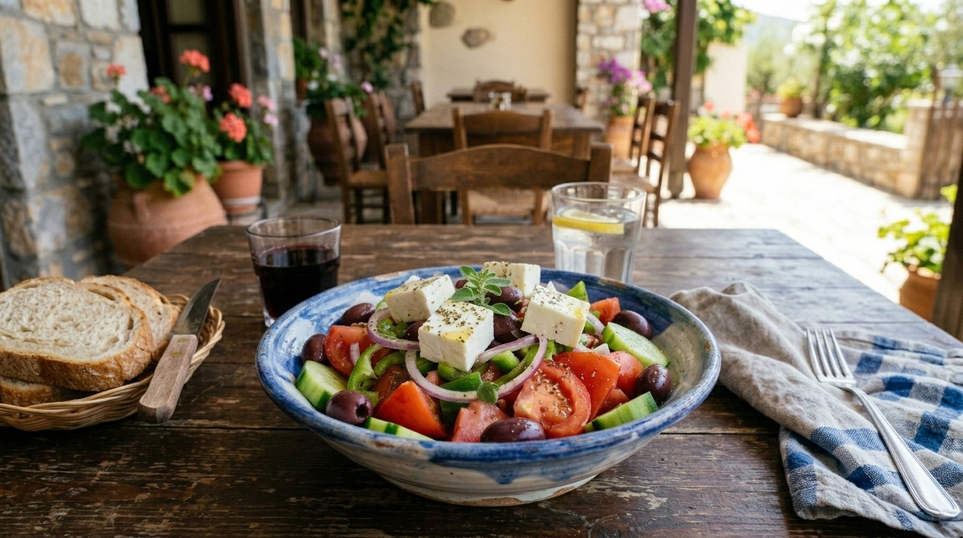 Grekisk sallad med rostad potatis och fetakräm upplagt för servering