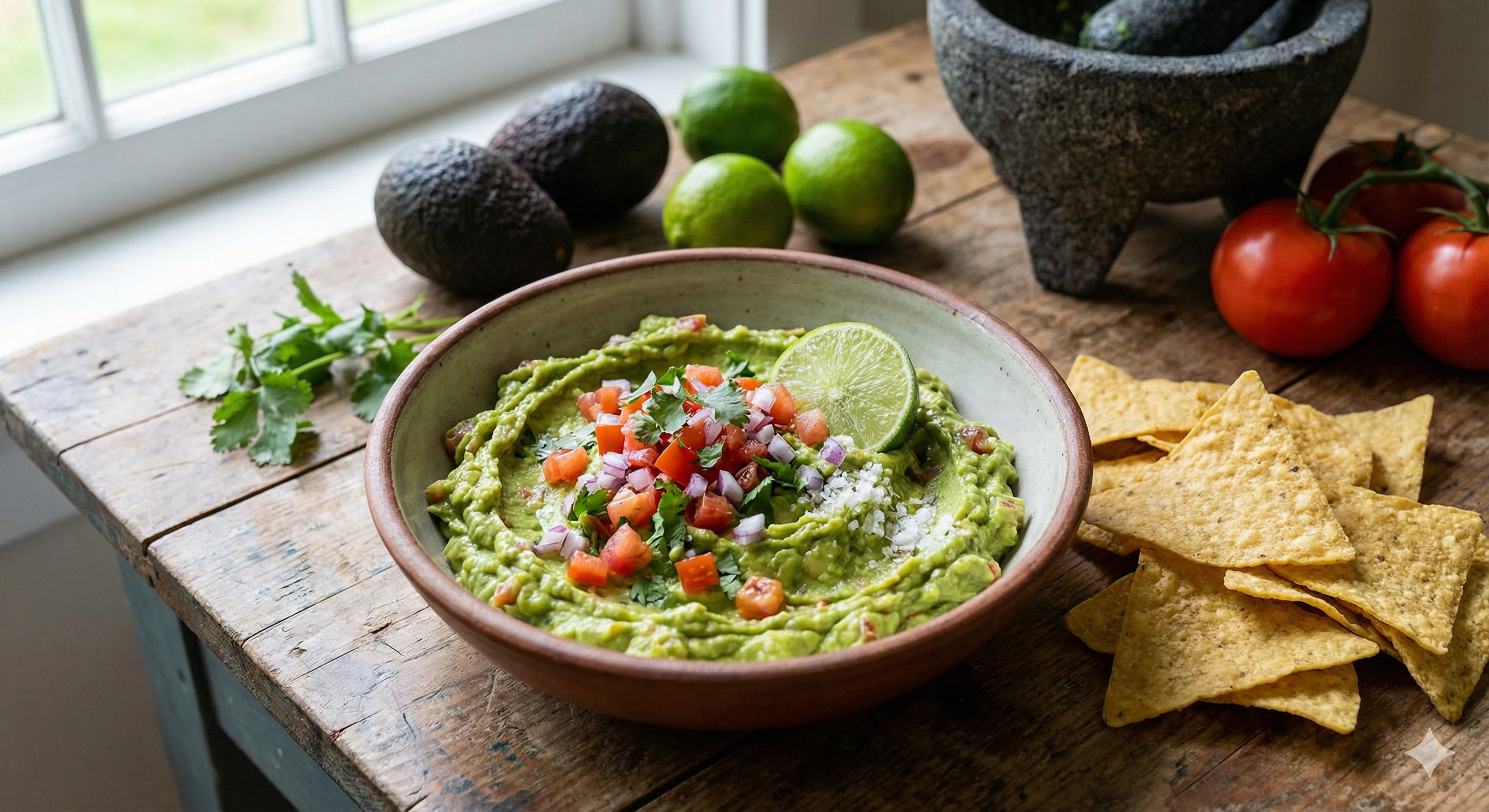 Hemgjord guacamole i en skål med tortillachips