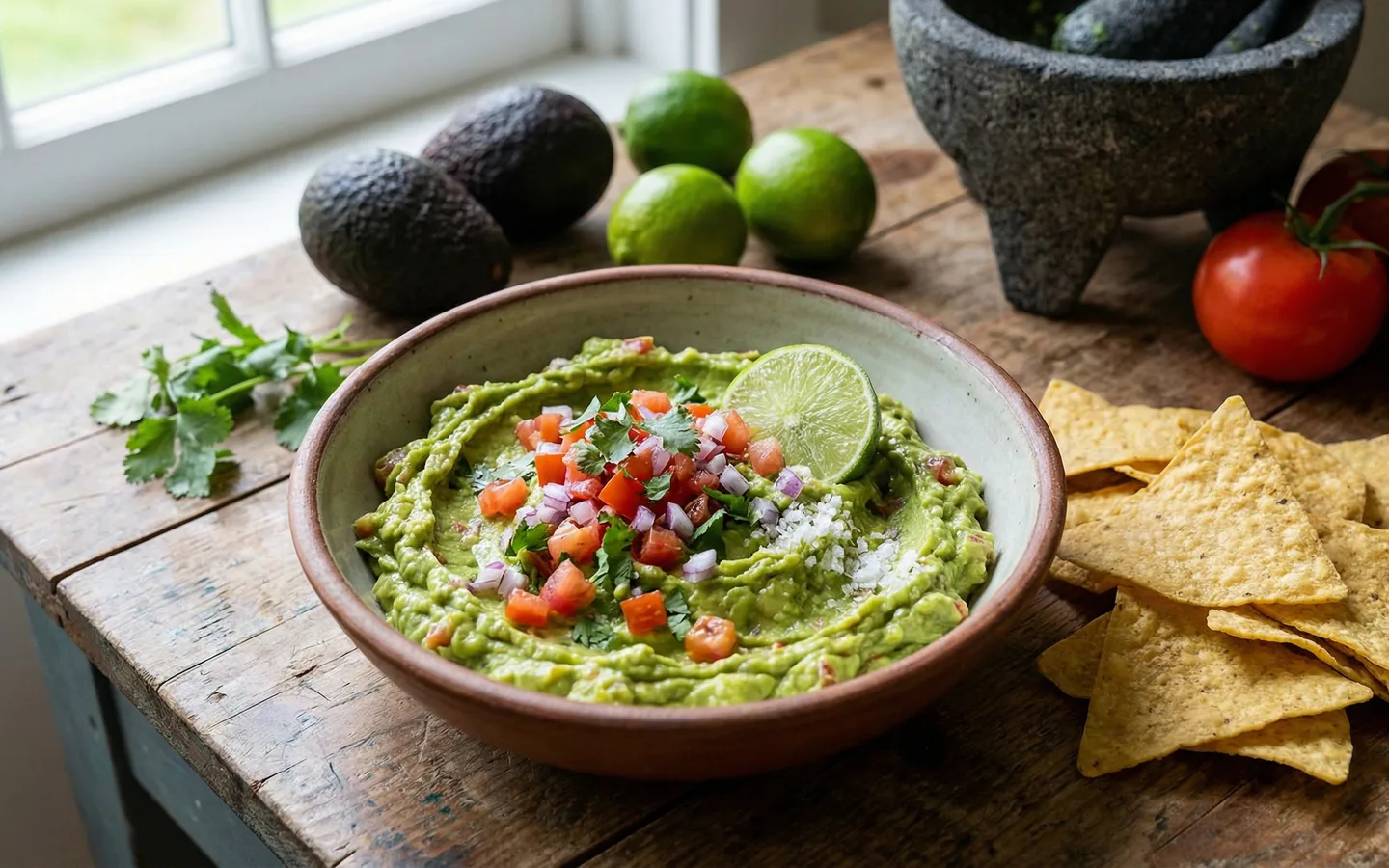 Hemgjord guacamole i en skål med tortillachips