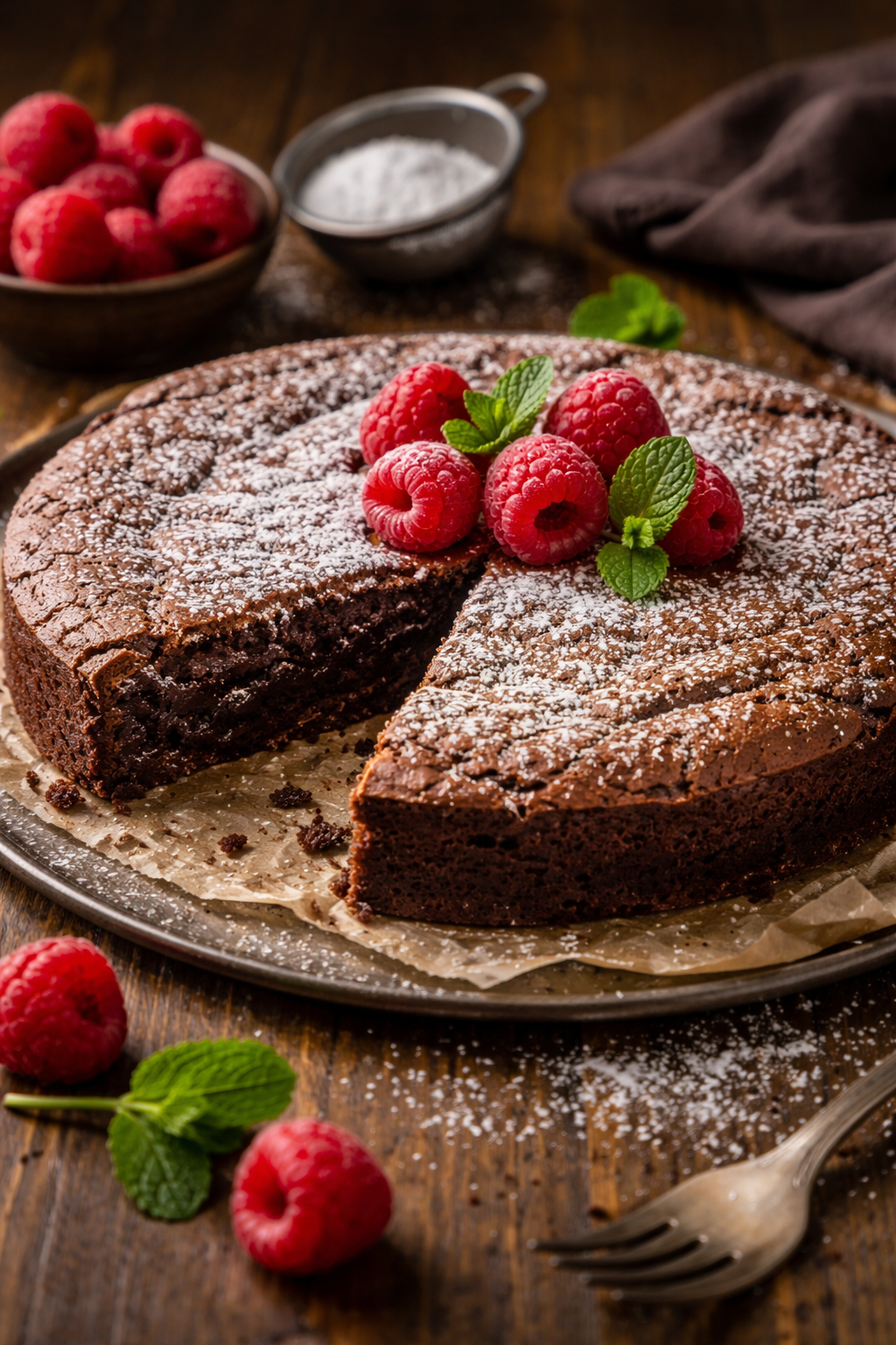 Kladdkaka med florsocker och vispad grädde