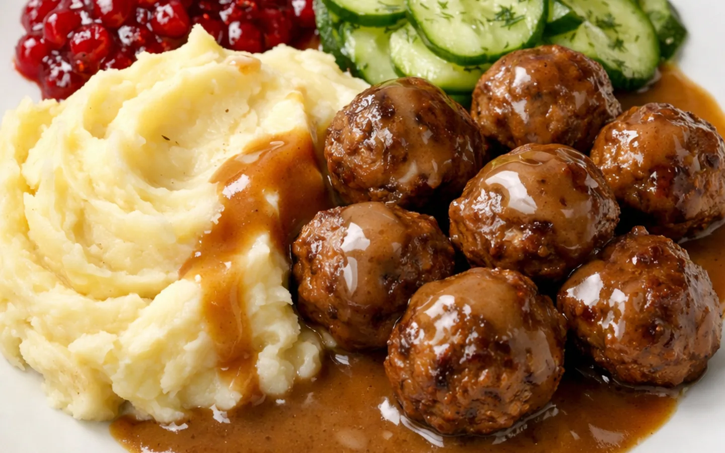 Svenska köttbullar med gräddsås, potatis och lingon