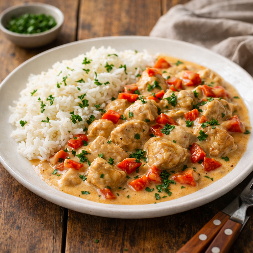 Kramig kycklinggryta med paprika och ris