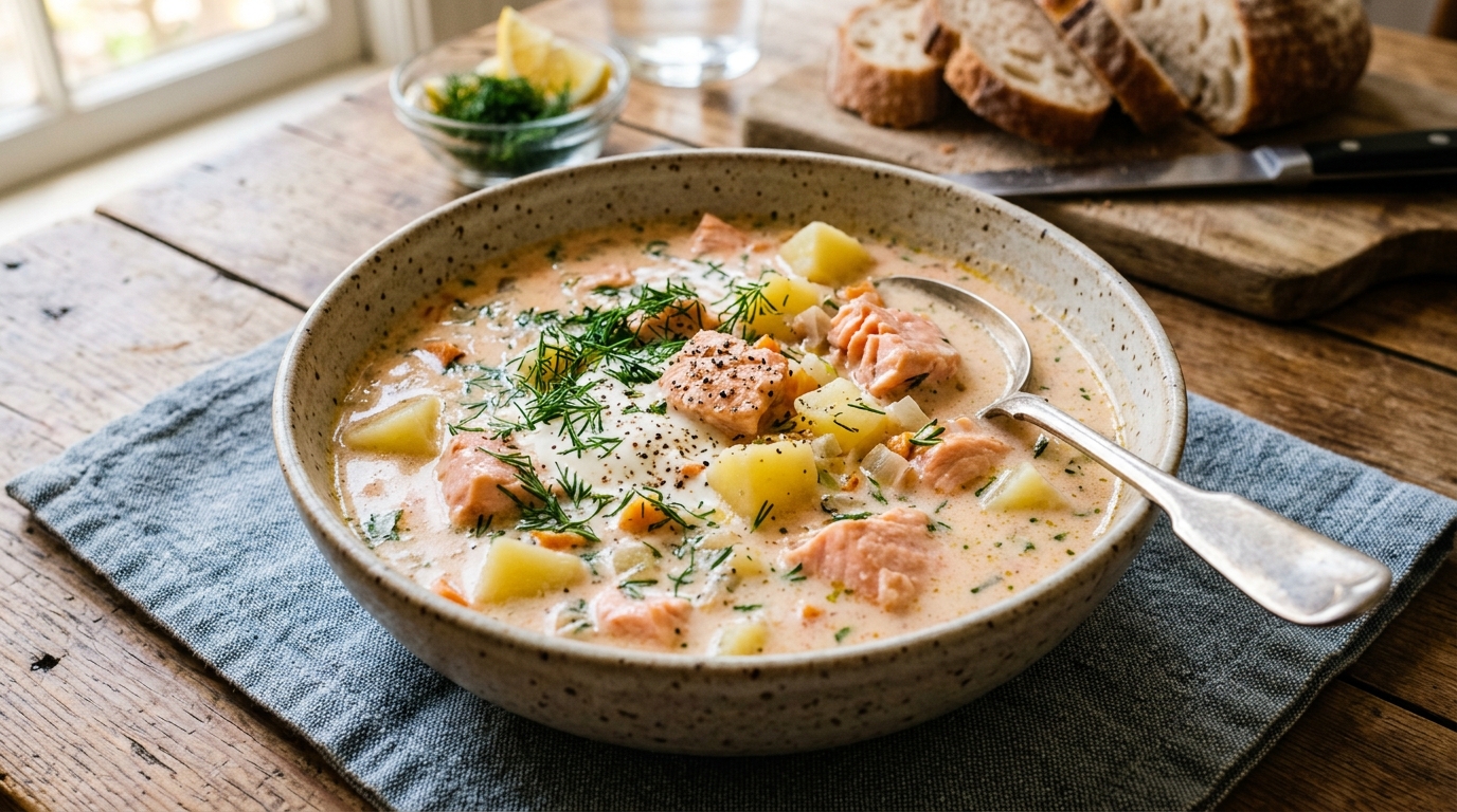 Krämig laxsoppa med dill och potatis
