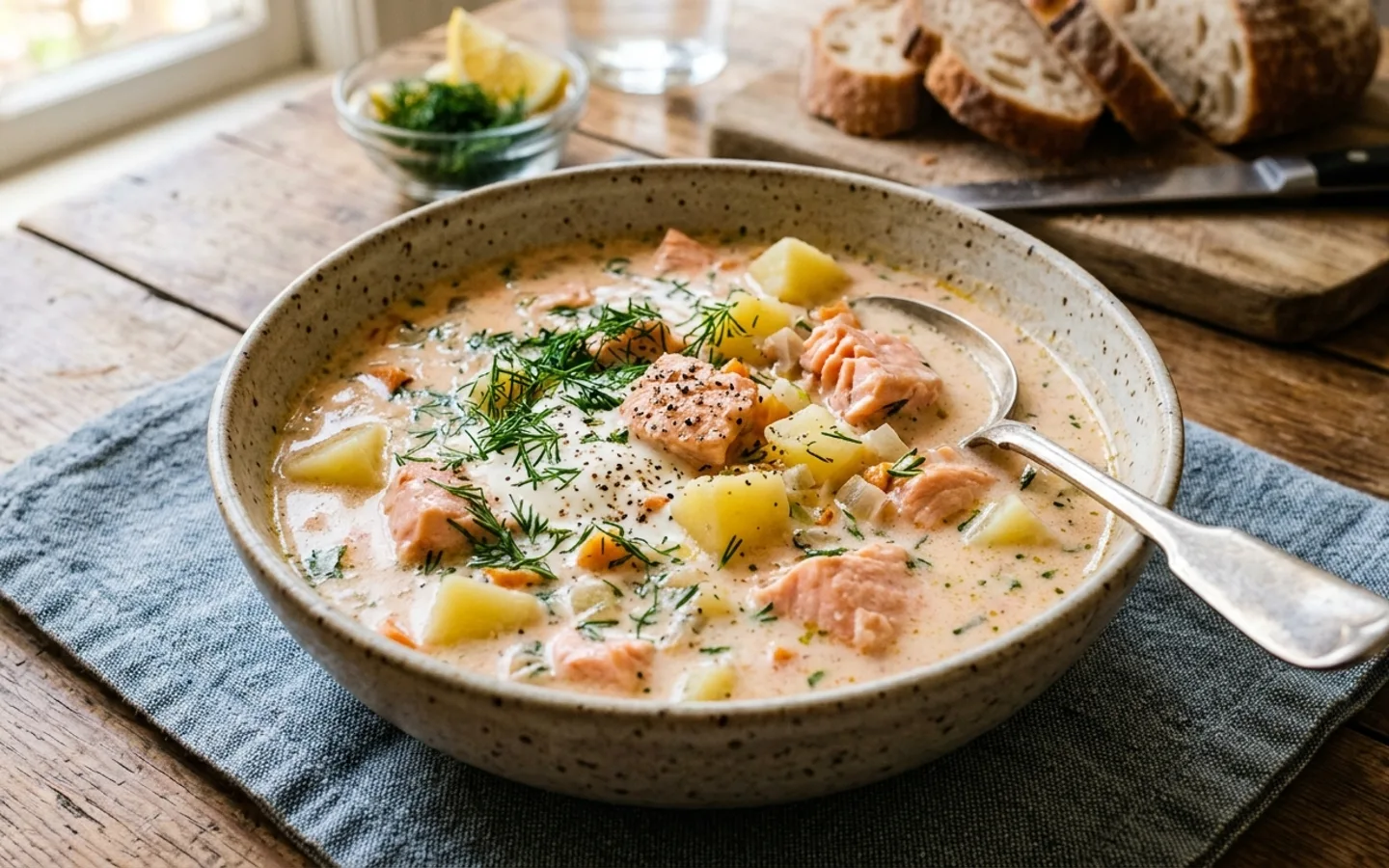 Krämig laxsoppa med dill och potatis