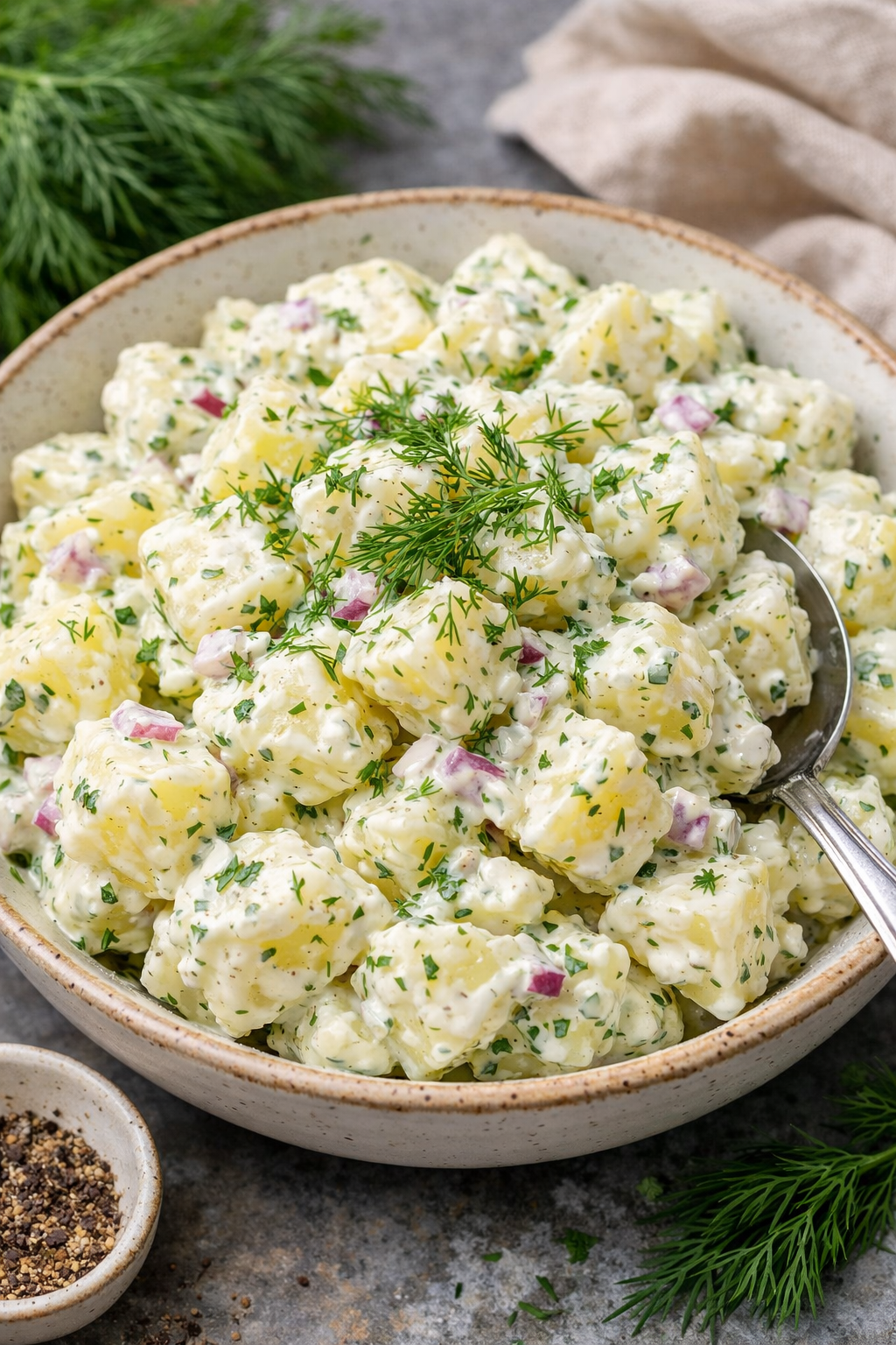 Krämig potatissallad med dill i serveringsskål