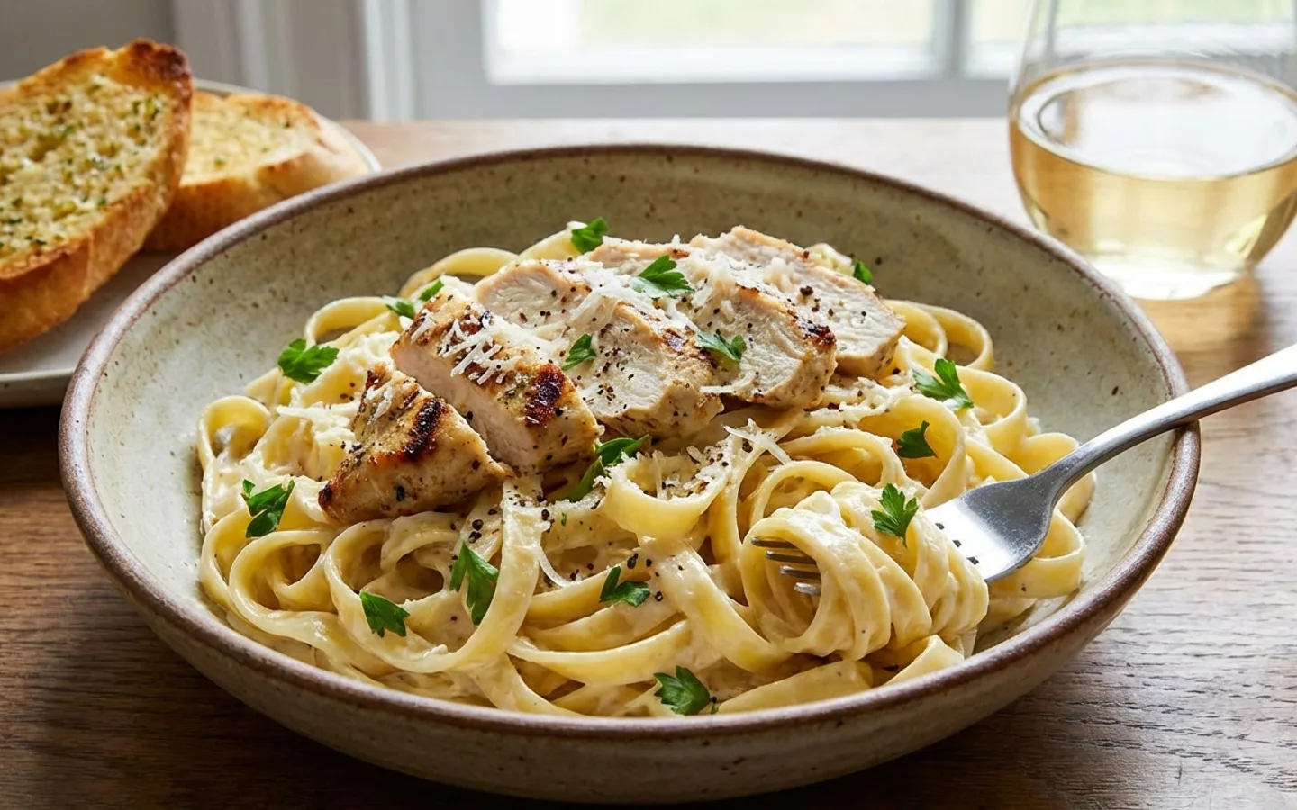 Kyckling alfredo upplagd på tallrik