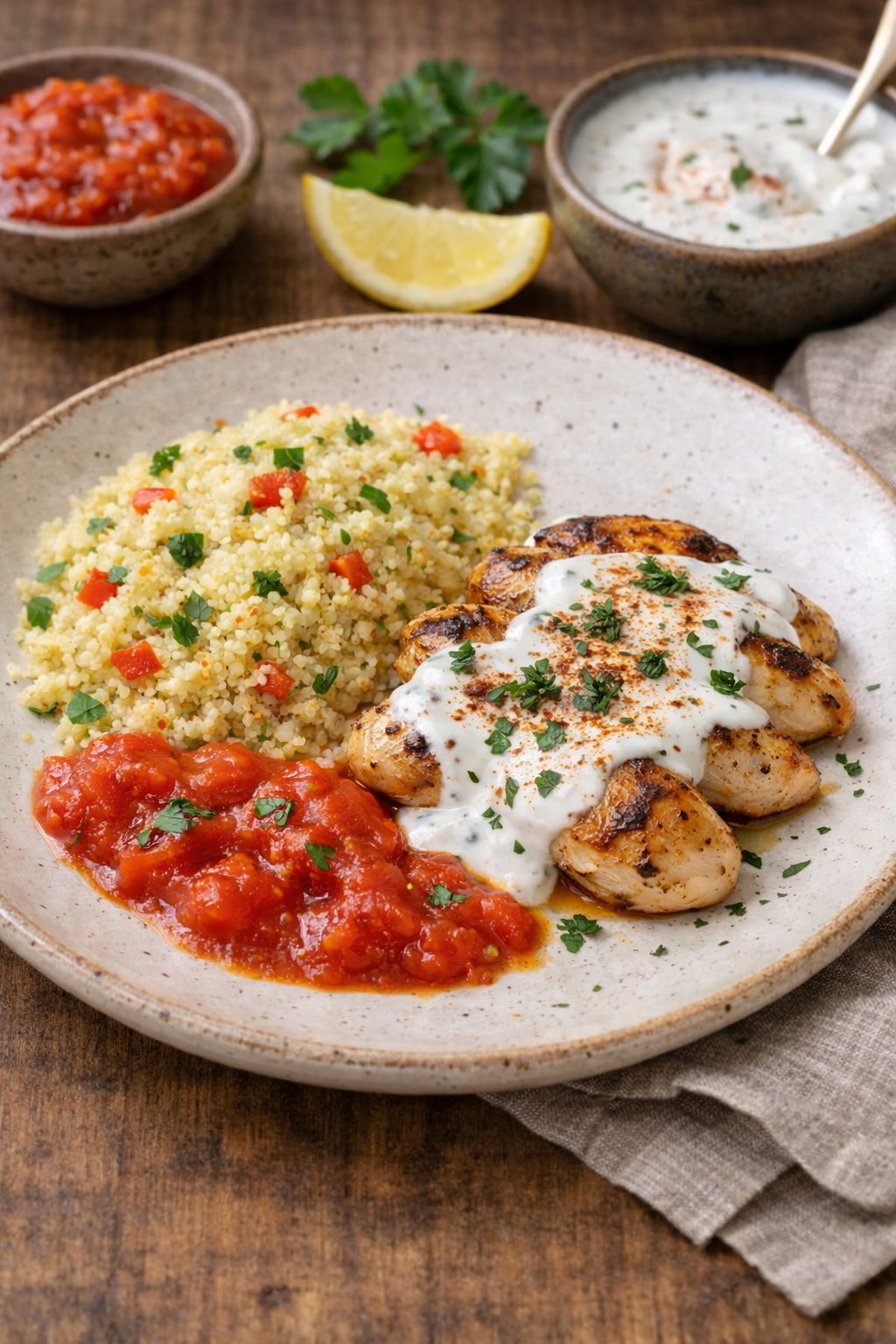Kyckling med tomatsås och kryddig yoghurt upplagt för servering