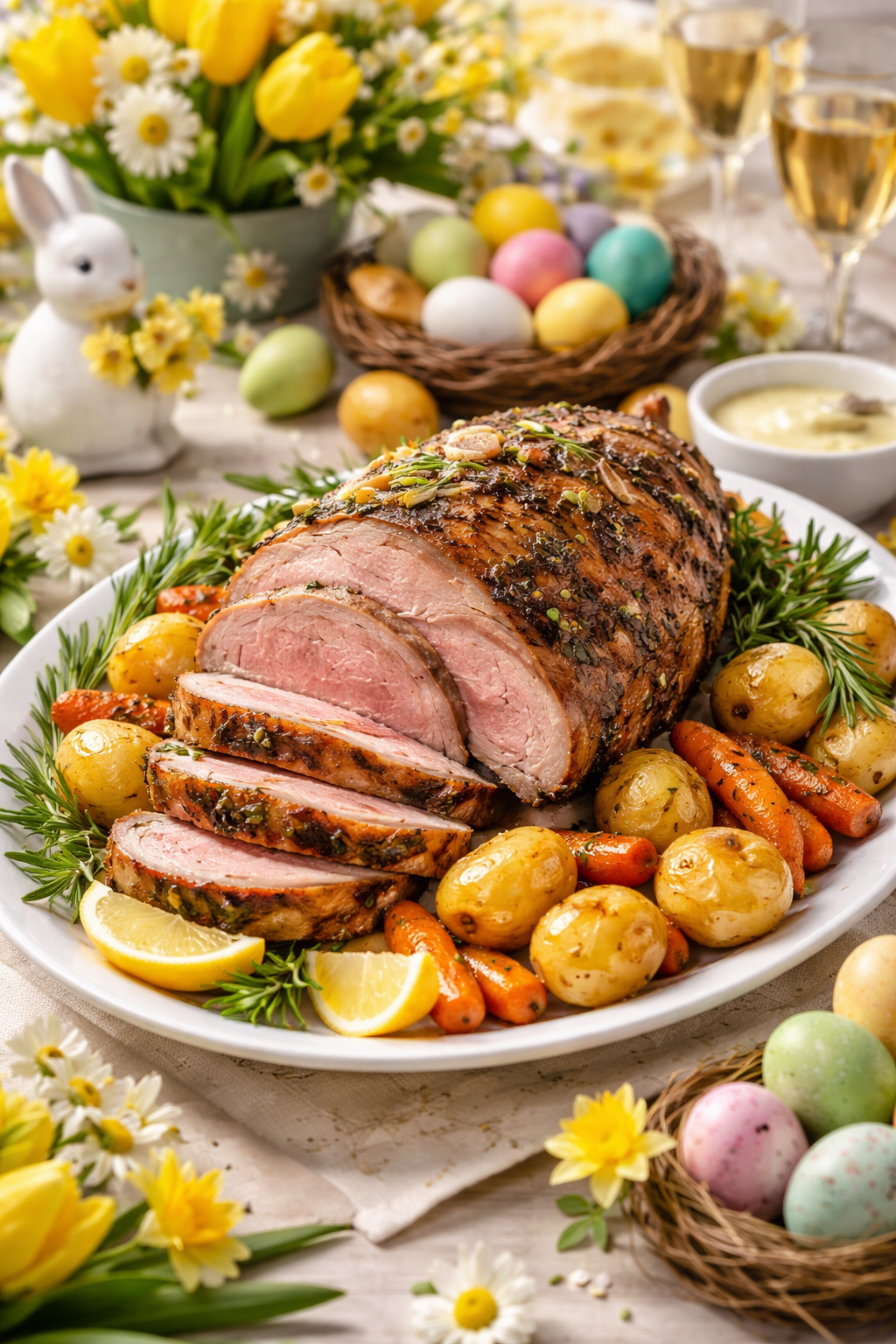 Lammstek med rosmarin, vitlök och ugnsrostad potatis och morot till påsk