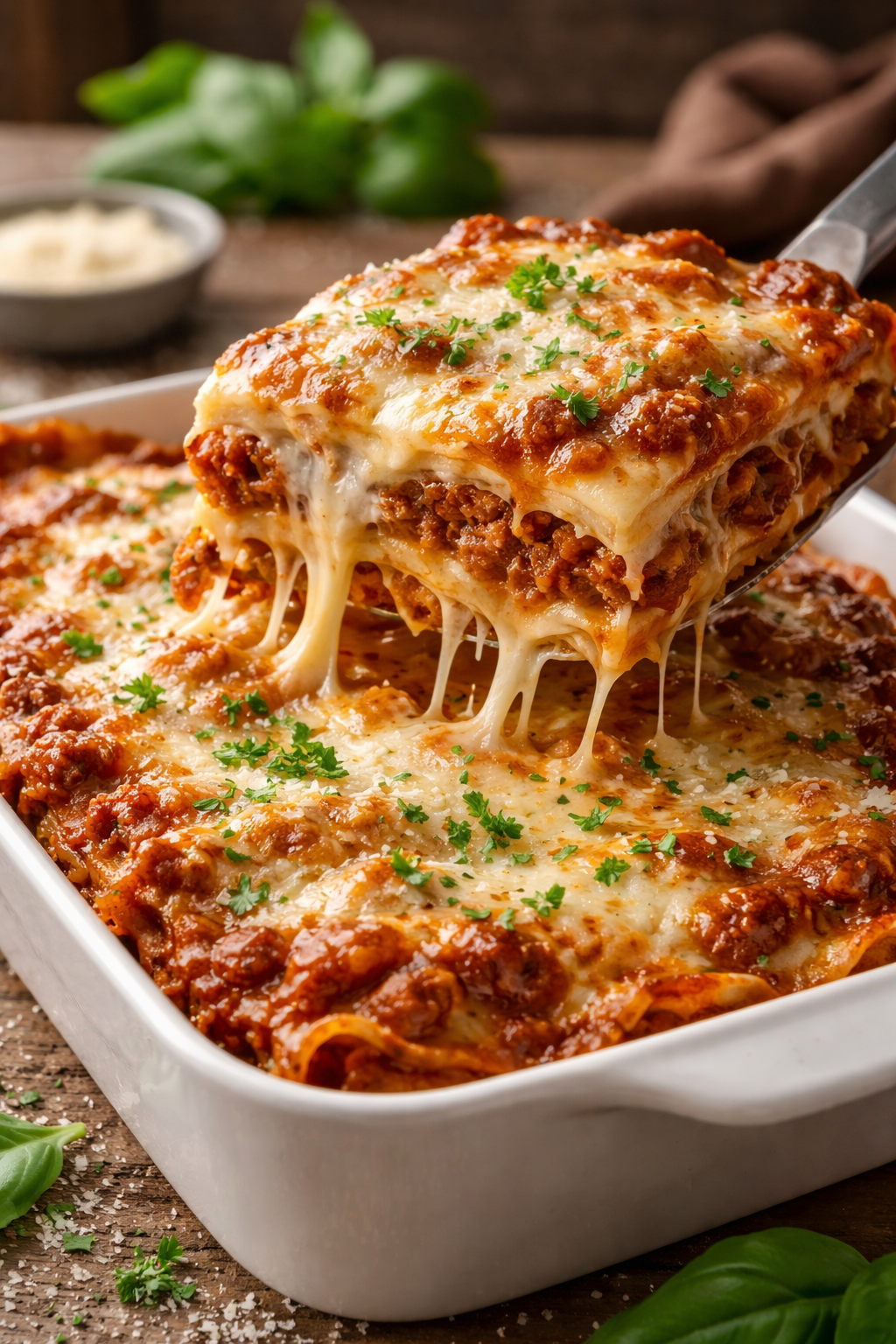 Lasagne i tydliga lager med gyllene osttak