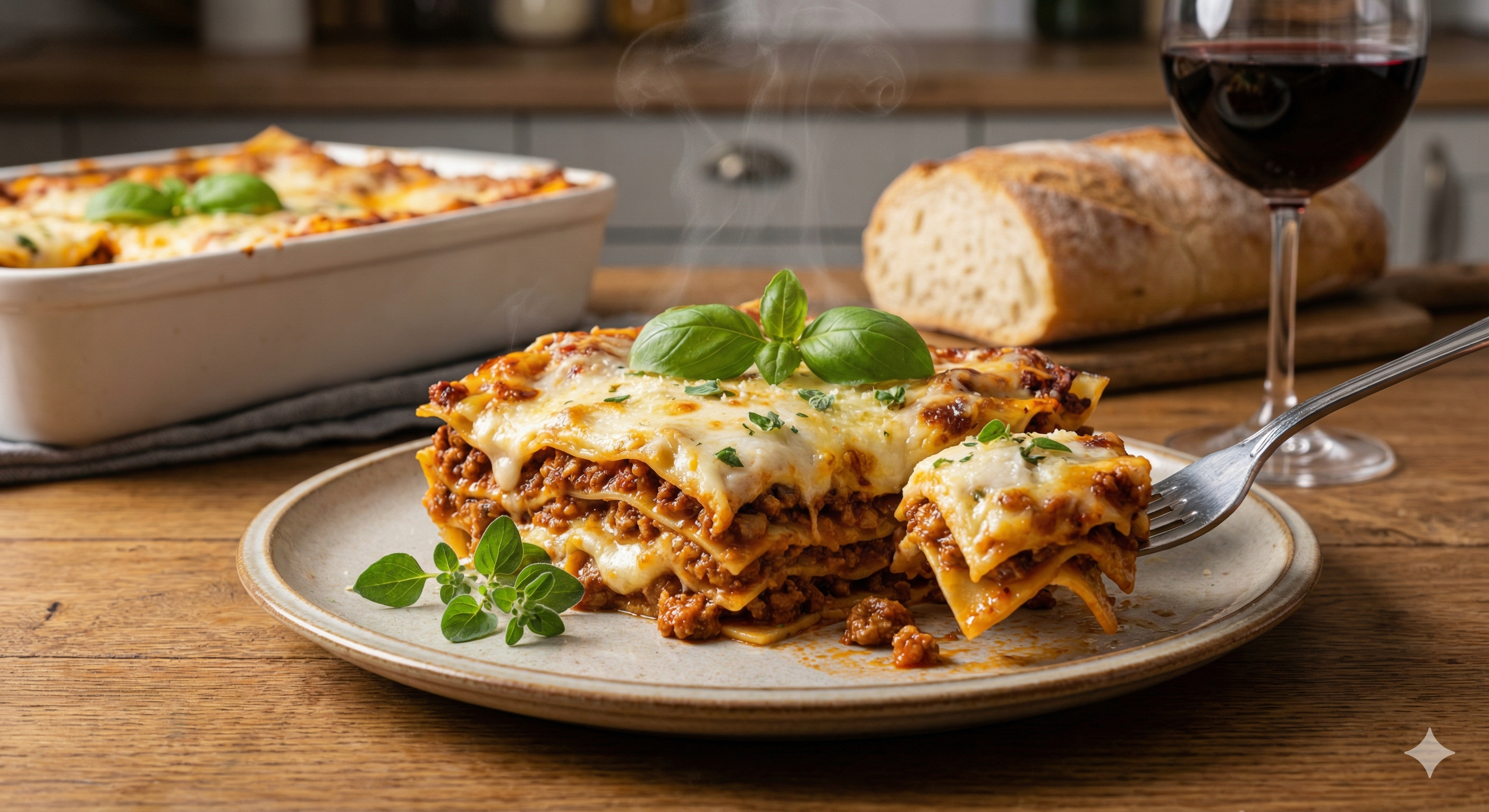 Klassisk lasagne med gyllene osttäcke i en ugnsform