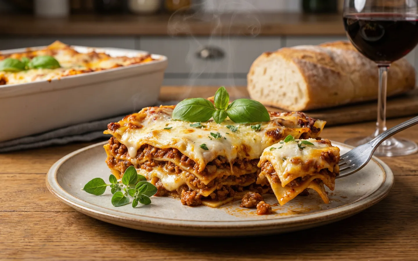 Klassisk lasagne med gyllene osttäcke i en ugnsform