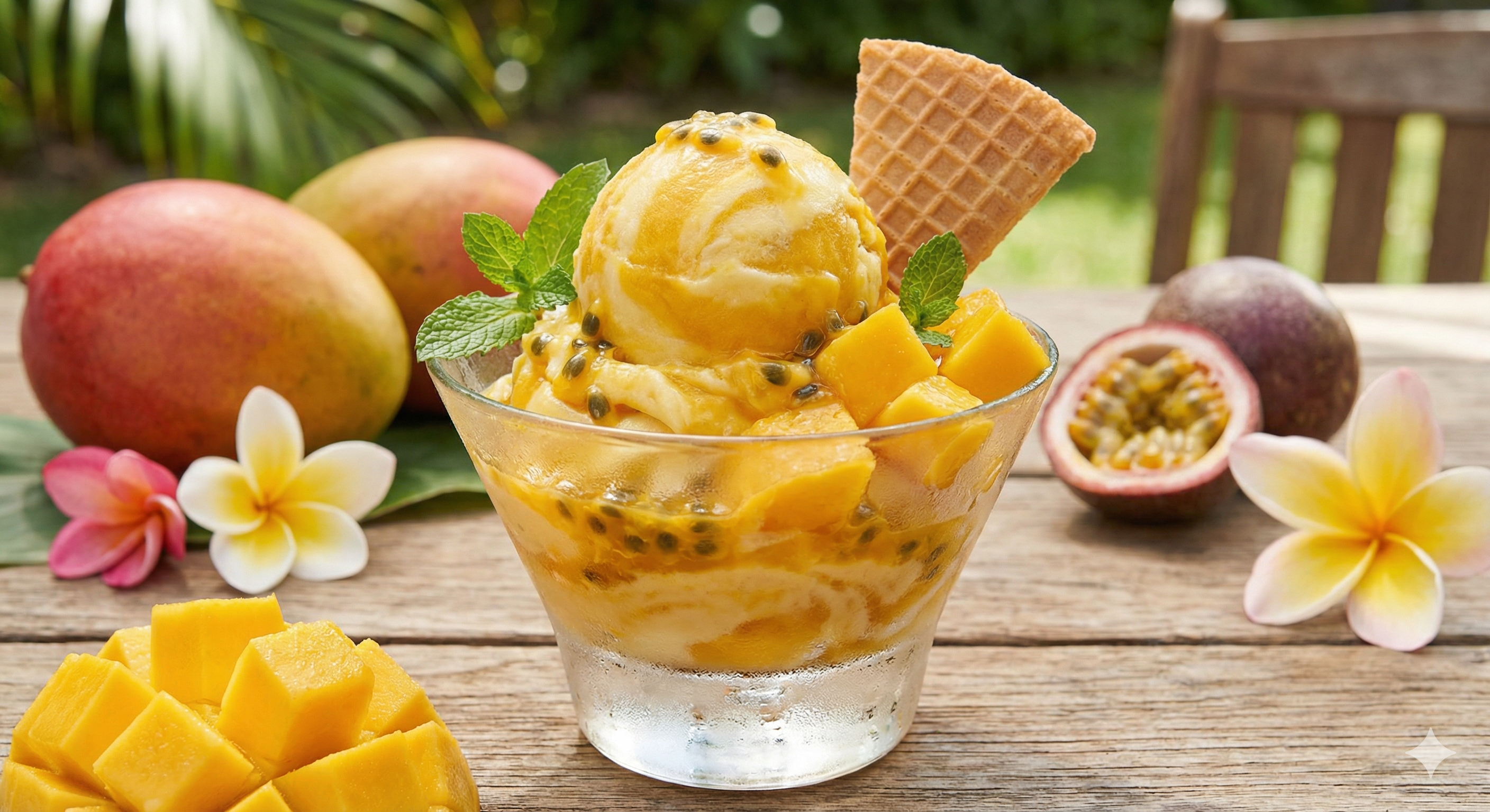 Uppfriskande mango- och passionsfruktssorbet i glas