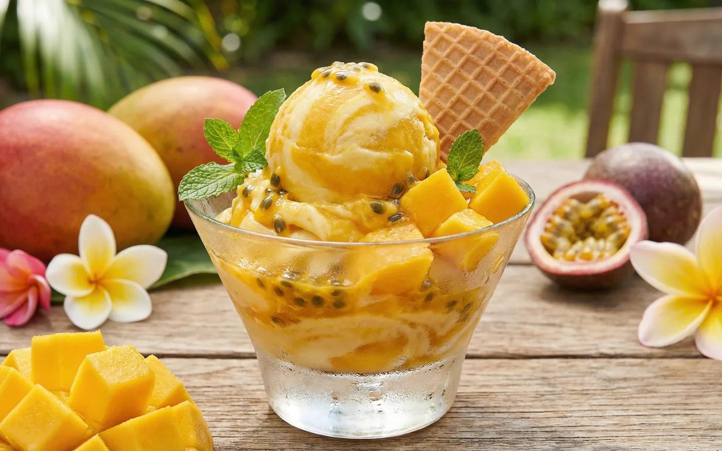 Uppfriskande mango- och passionsfruktssorbet i glas