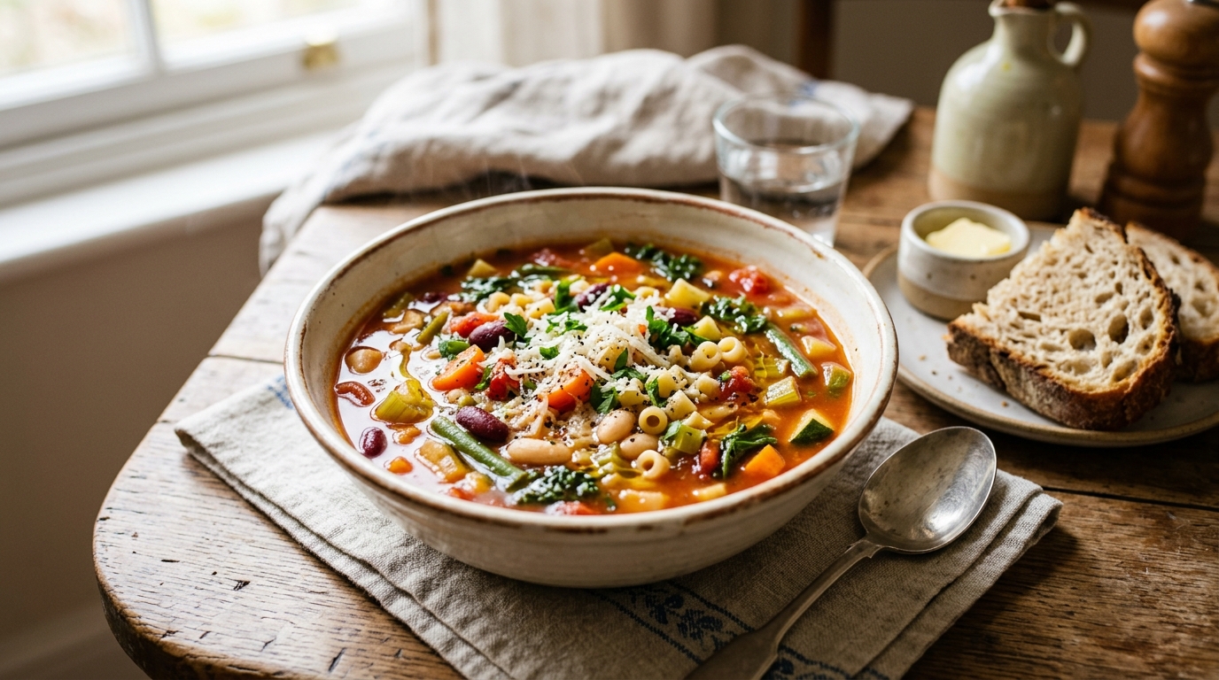 Minestrone med grönsaker, bönor och liten pasta