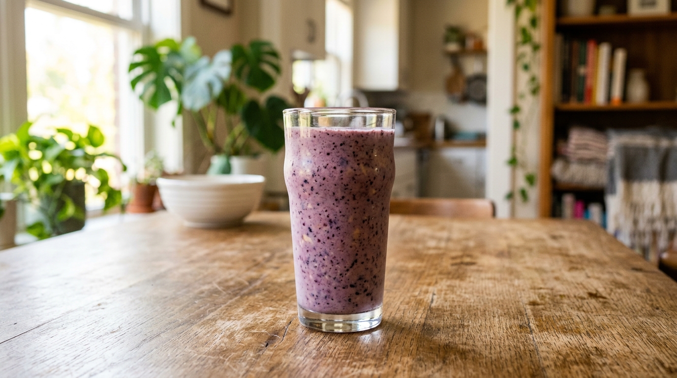 En lila blåbärssmoothie i ett högt glas