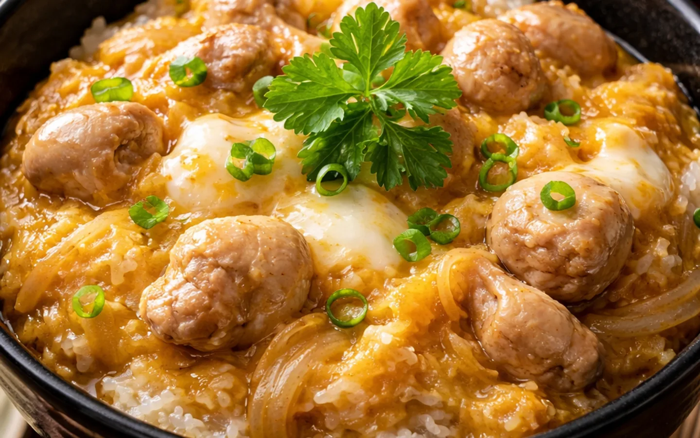 Japansk Oyakodon med kyckling, lök och mjukt ägg över ris