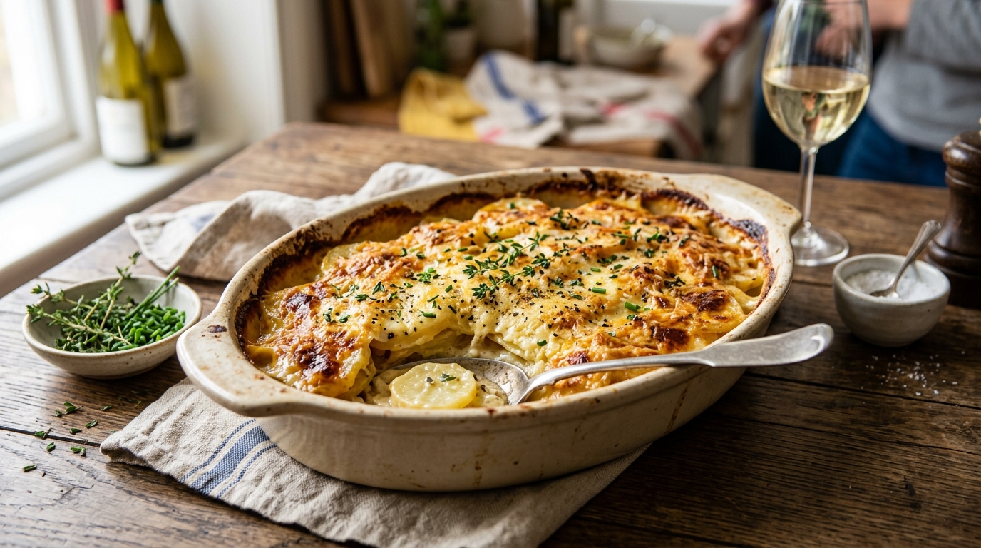 Potatisgratäng med gyllene yta i ugnsform