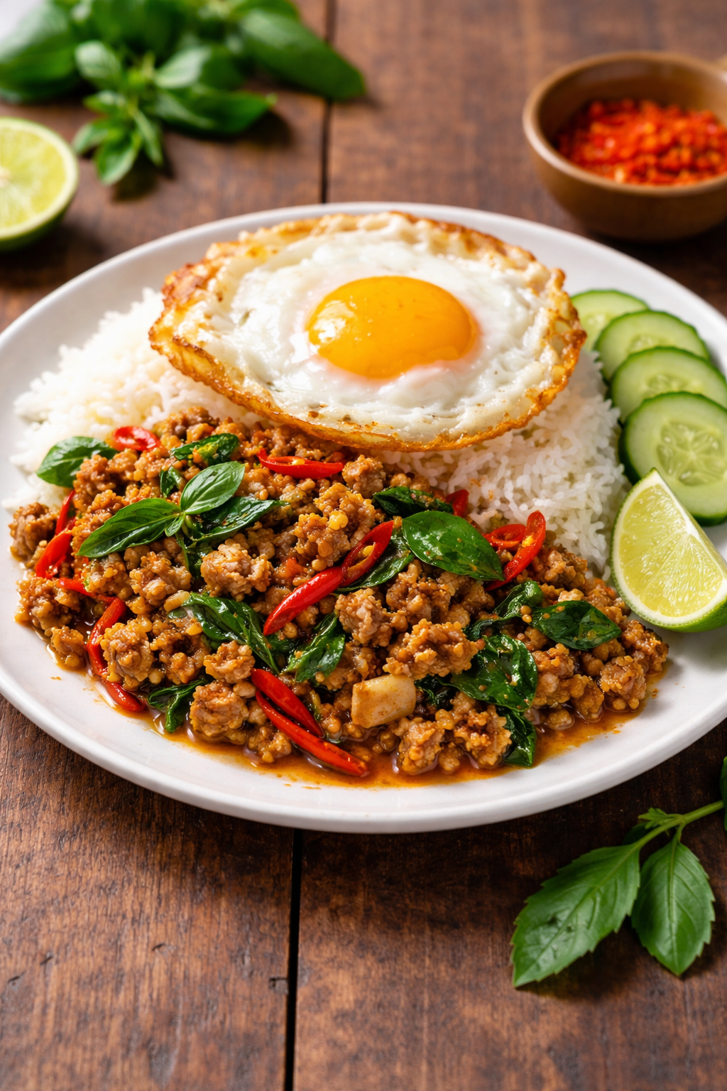 Pad kra pao med stekt ägg och ris