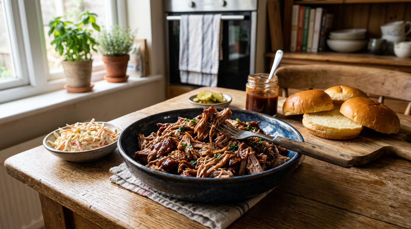 Pulled pork i burgerbröd med BBQ-sås och coleslaw