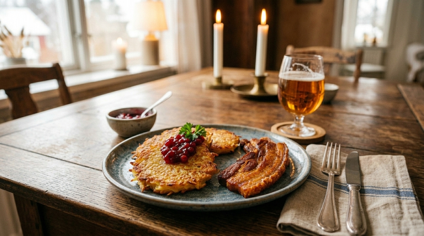 Frasiga raggmunkar med knaperstekt fläsk och lingon