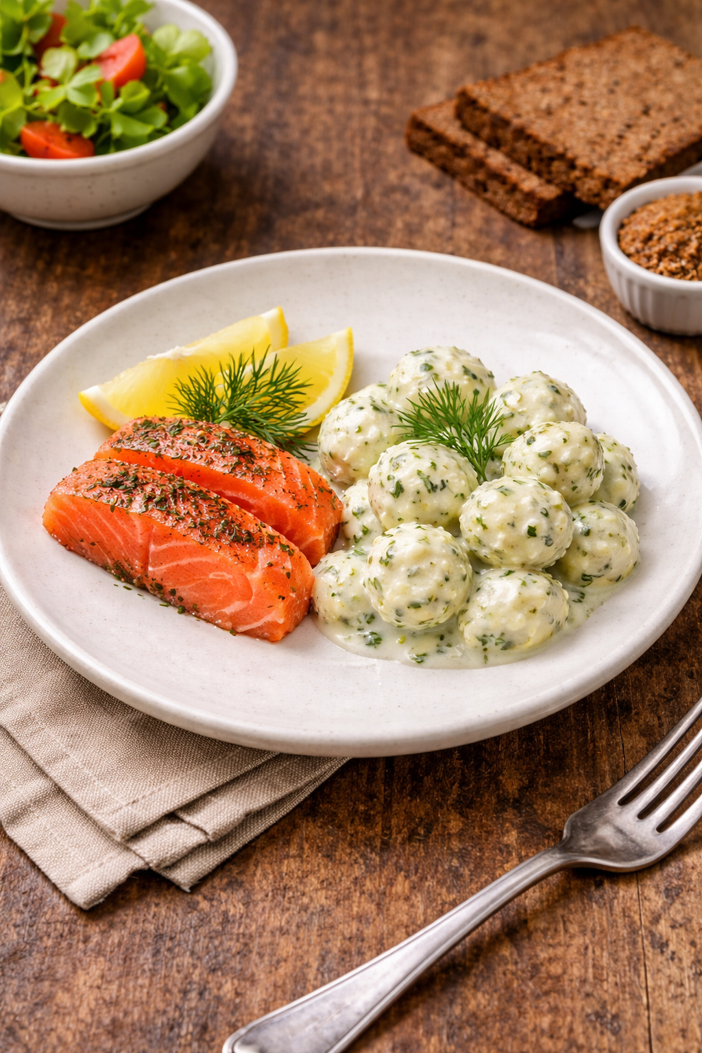 Rimmad lax med dillstuvad potatis serverad på tallrik