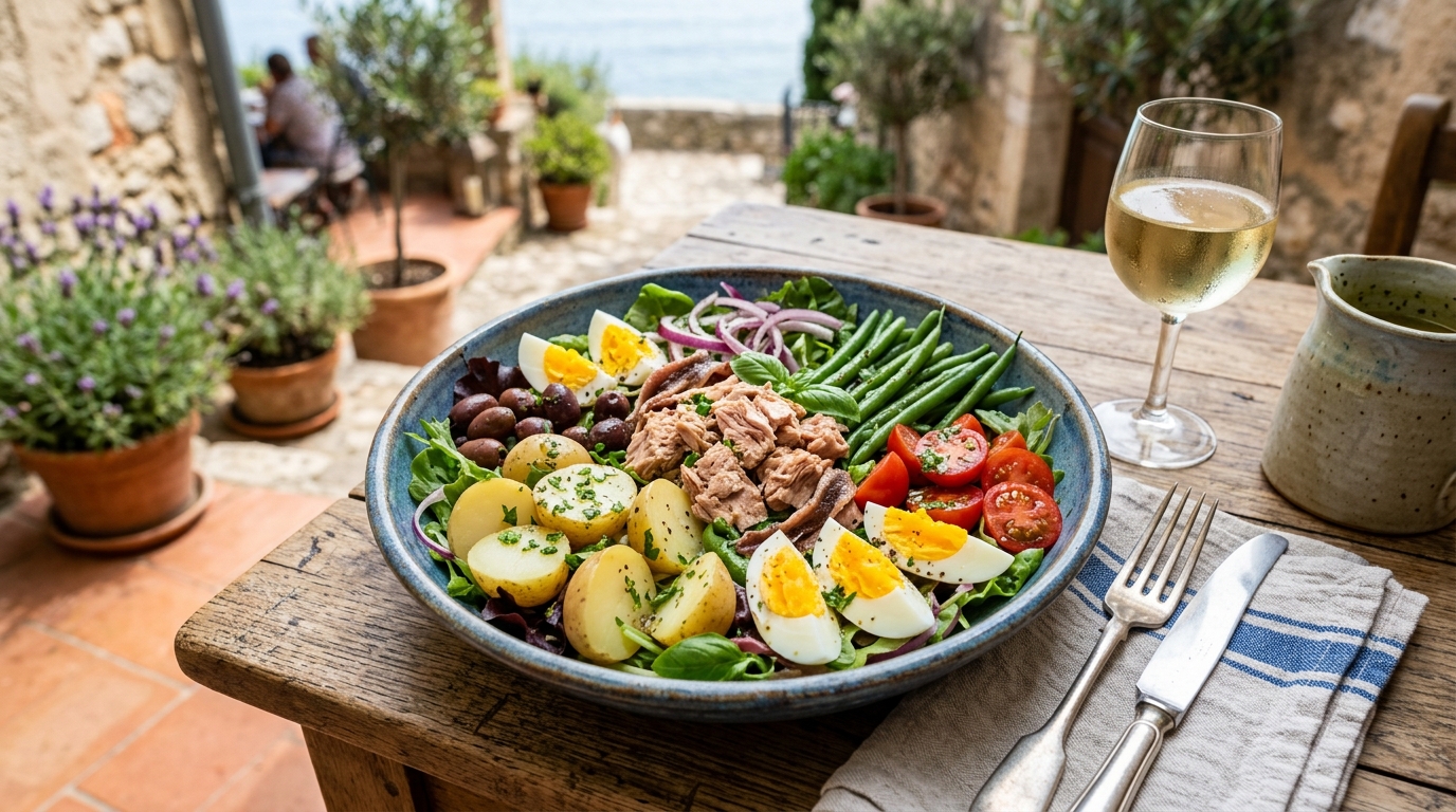 Niçoise-sallad med tonfisk, potatis, ägg och bönor