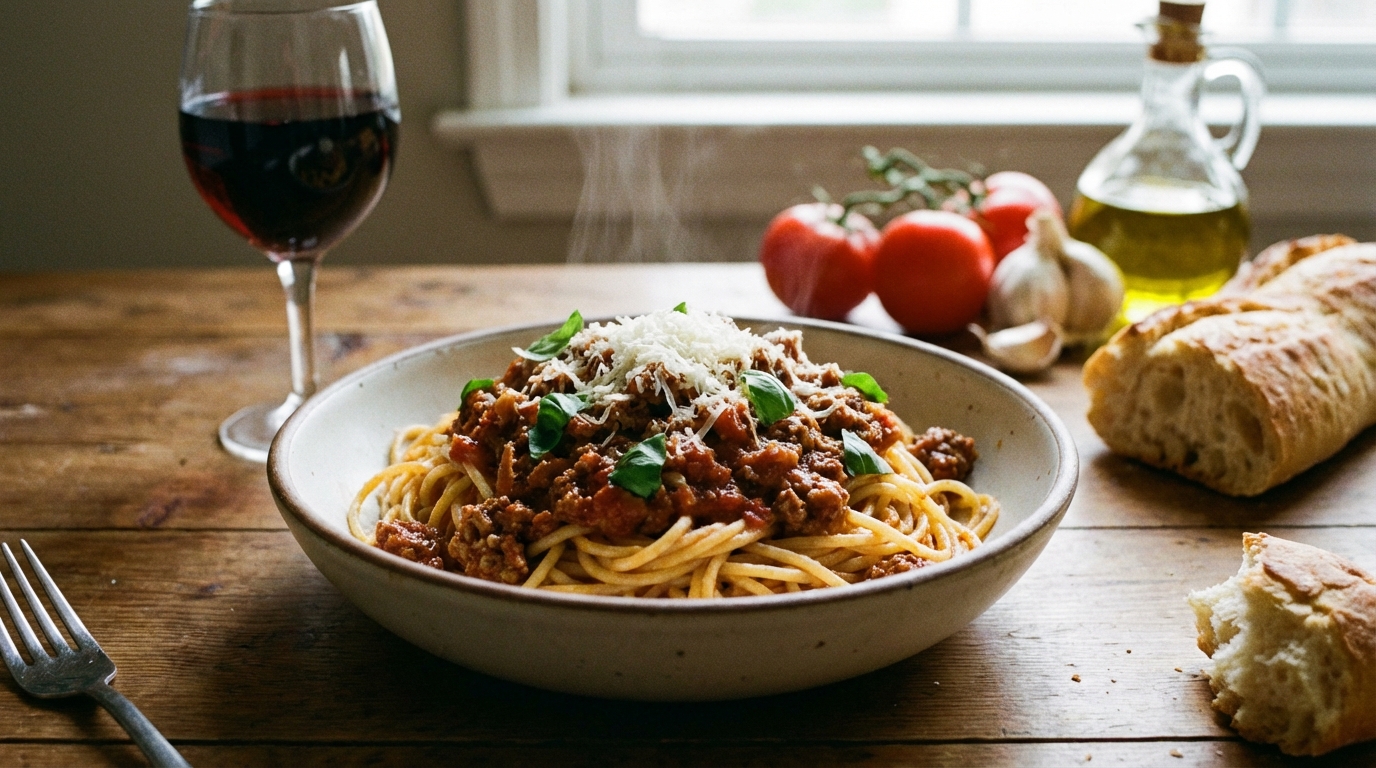Spaghetti bolognese toppad med färsk parmesan och basilika